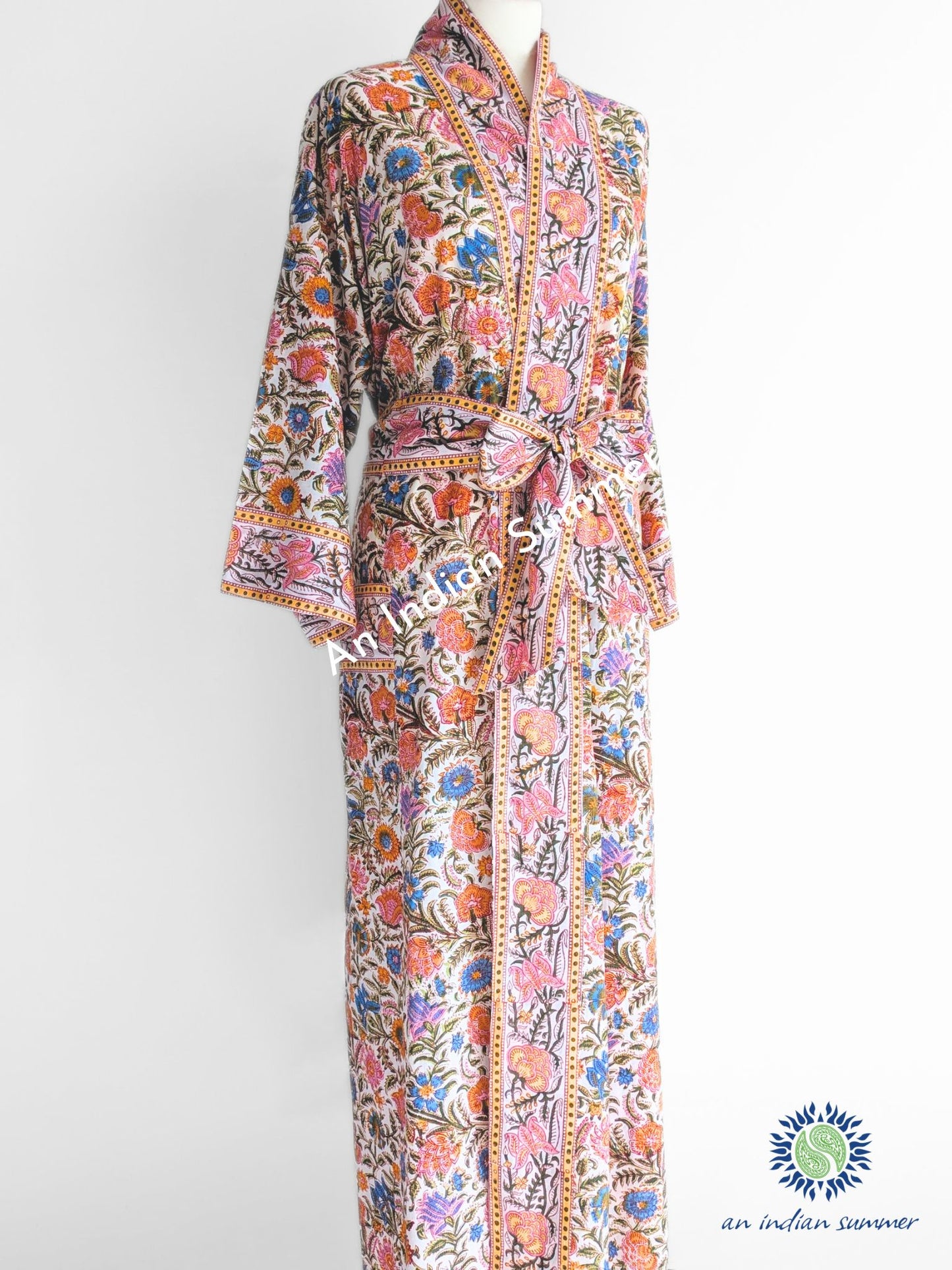Long Kimono Robe - Floral Block Print - Spice - White Multi