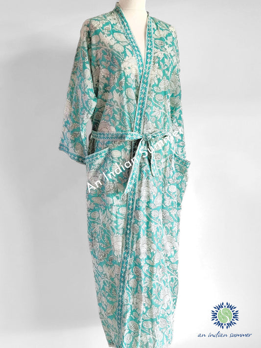 Hand block printed cotton long kimono robe cotton dressing gown cotton robe in Floral pattern Thistle Print in Aqua by An Indian Summer