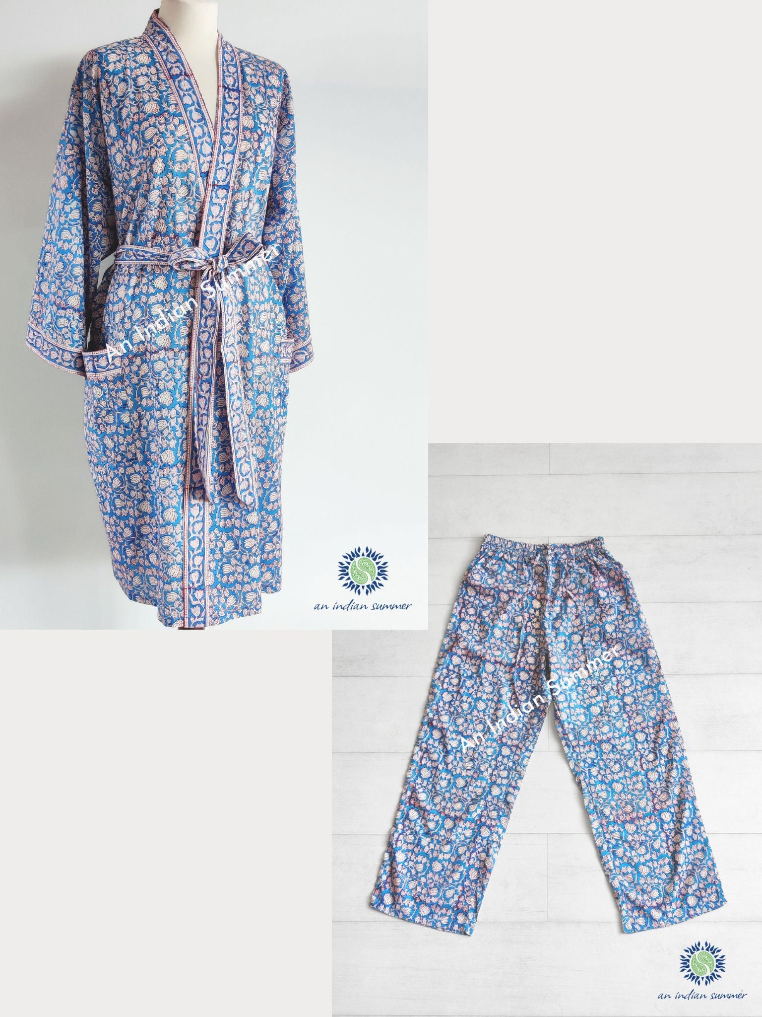 Lounge Set Nalini Teal | Short Kimono Robe & Lounge Pants | Hand Block Printed | Cotton | An Indian Summer | Seasonless Timeless Sustainable Ethical Authentic Artisan Conscious Clothing Lifestyle Brand