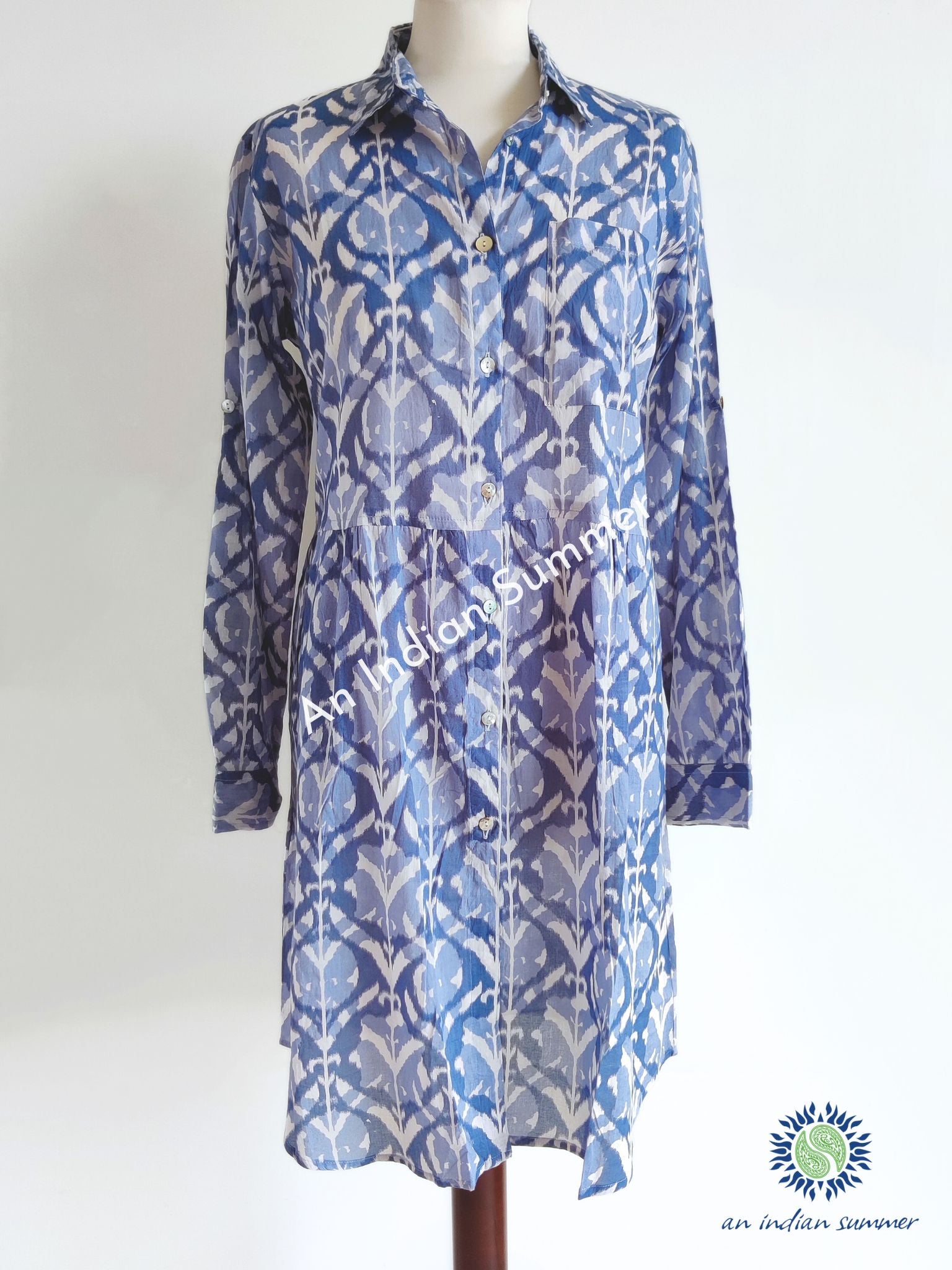 Lyra Shirt Dress Damask Blue | Cotton Voile | An Indian Summer | Seasonless Timeless Sustainable Ethical Authentic Artisan Conscious Clothing Lifestyle