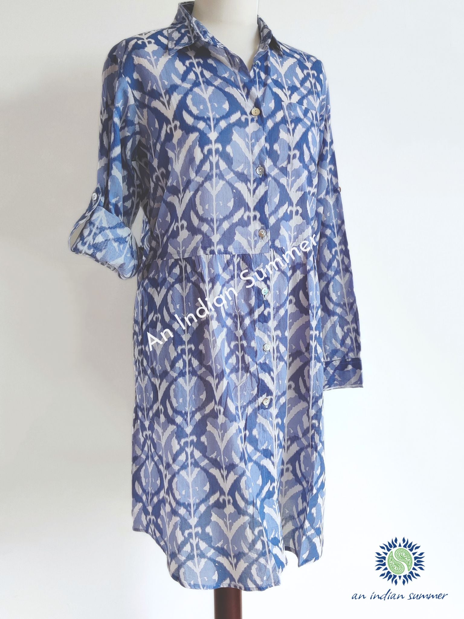 Lyra Shirt Dress Damask Blue | Cotton Voile | An Indian Summer | Seasonless Timeless Sustainable Ethical Authentic Artisan Conscious Clothing Lifestyle