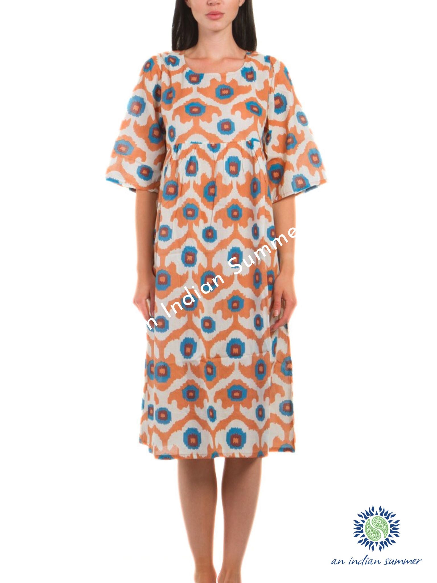 Market Dress Ikat Apricot Comfy easy-fit lightweight cotton dress with Two deep pockets An Indian Summer Timeless Sustainable Ethical Authentic Artisan Clothing Brand