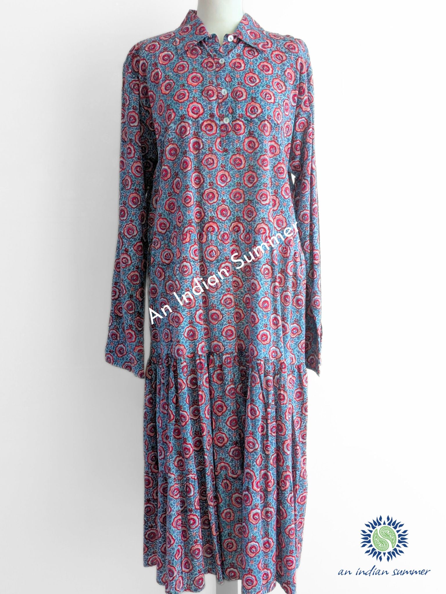Midi Shirt Dress | Everyday Wear | Grey Ditsy Floral Print | Hand Block Printed | Cotton Voile | An Indian Summer | Seasonless Timeless Sustainable Ethical Authentic Artisan Conscious Clothing Lifestyle Brand
