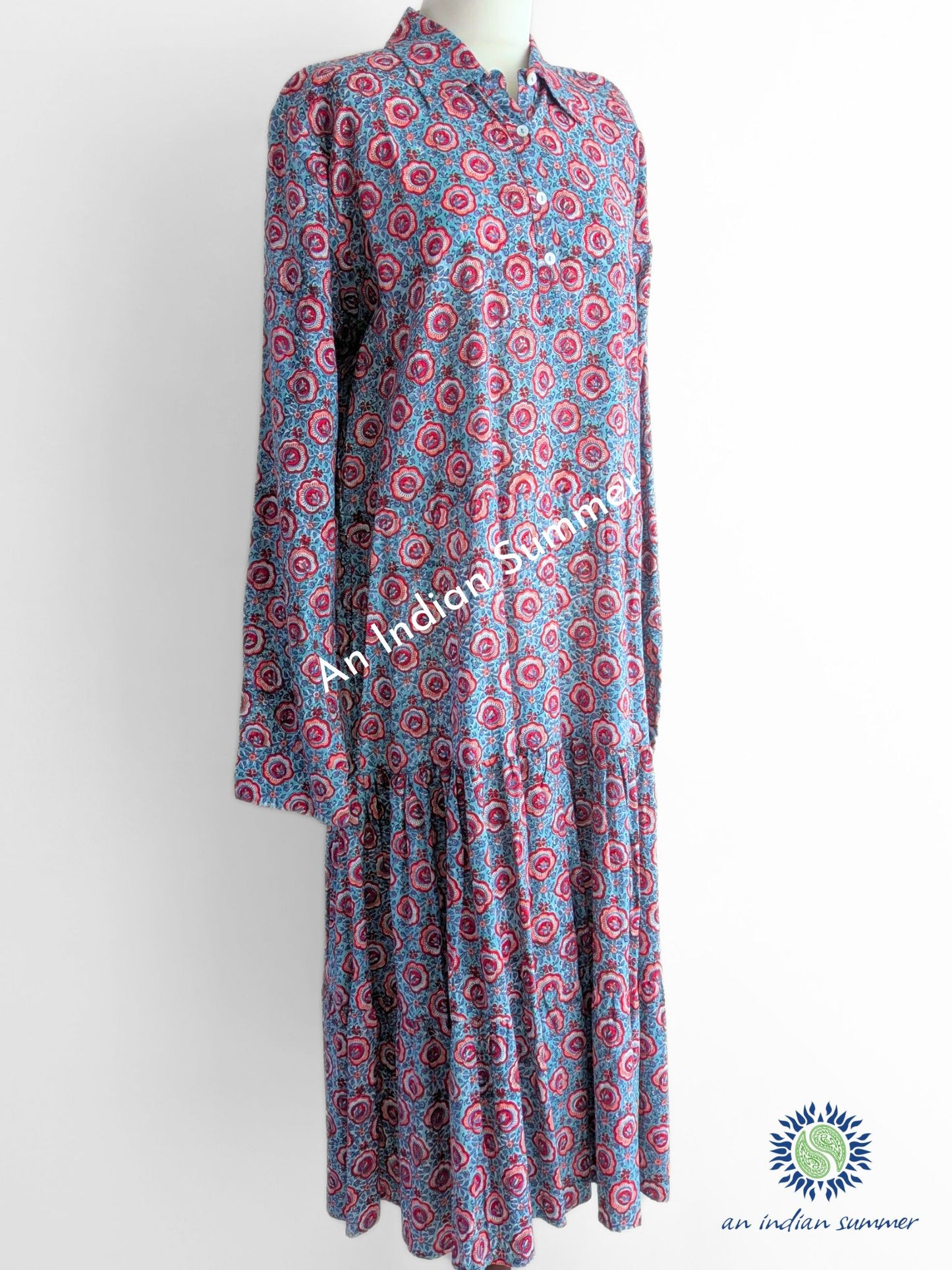 Midi Shirt Dress | Everyday Wear | Grey Ditsy Floral Print | Hand Block Printed | Cotton Voile | An Indian Summer | Seasonless Timeless Sustainable Ethical Authentic Artisan Conscious Clothing Lifestyle Brand