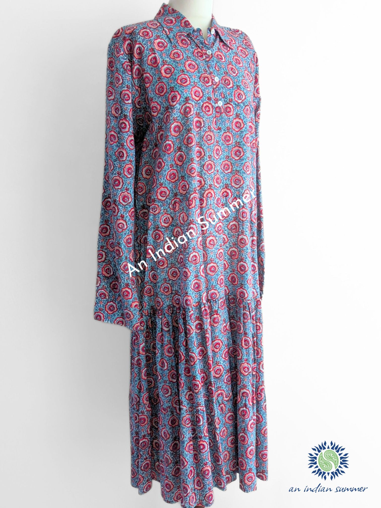 Midi Shirt Dress | Everyday Wear | Grey Ditsy Floral Print | Hand Block Printed | Cotton Voile | An Indian Summer | Seasonless Timeless Sustainable Ethical Authentic Artisan Conscious Clothing Lifestyle Brand