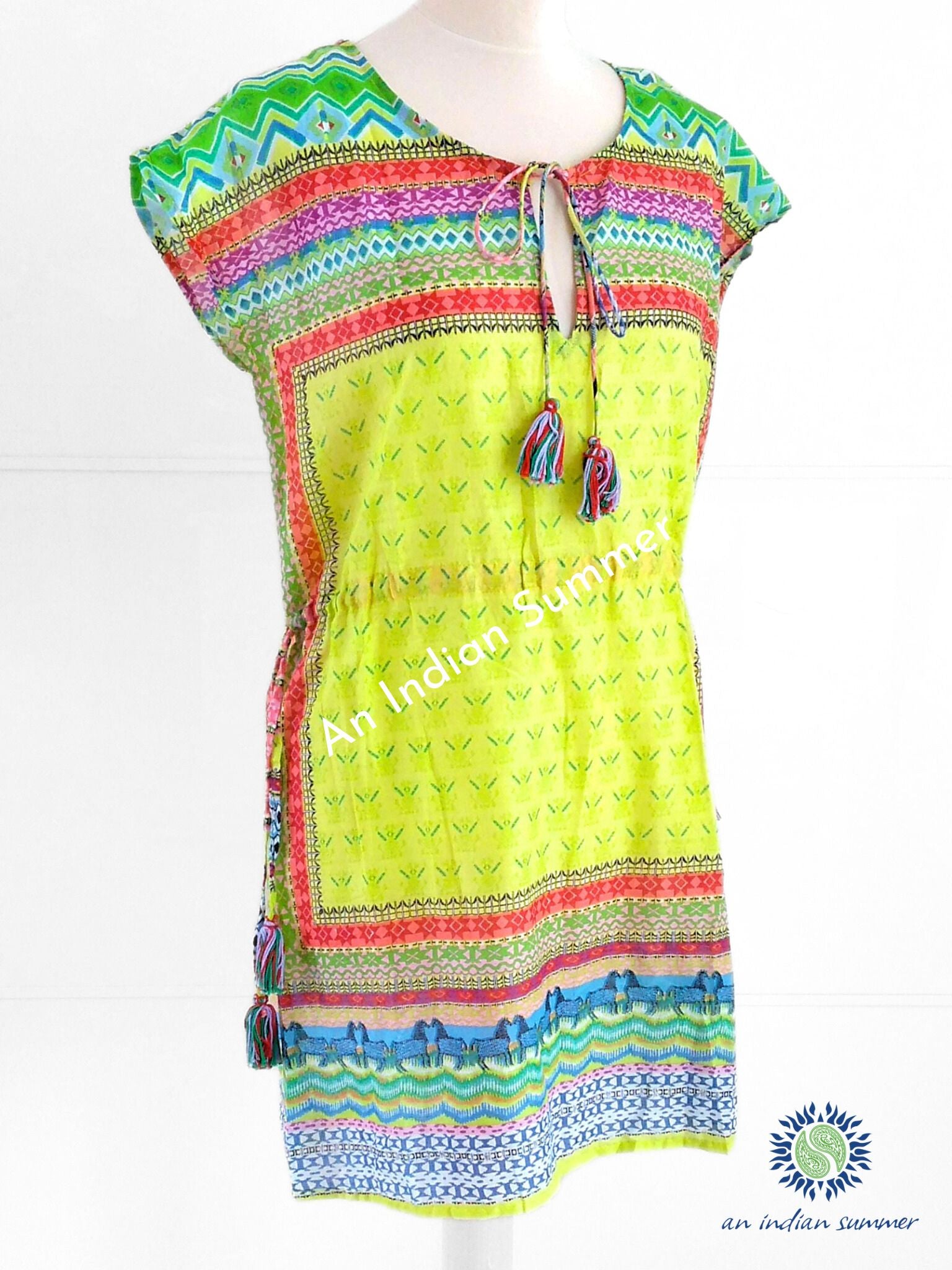 An Indian Summer Resort Collection Catalina Coverup - Vibrant colourful cotton coverup with drawstring waist - Mexican-inspired print