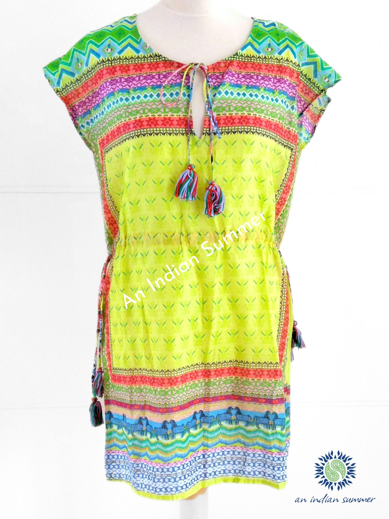 An Indian Summer Resort Collection Catalina Coverup - Vibrant colourful cotton coverup with drawstring waist - Mexican-inspired print