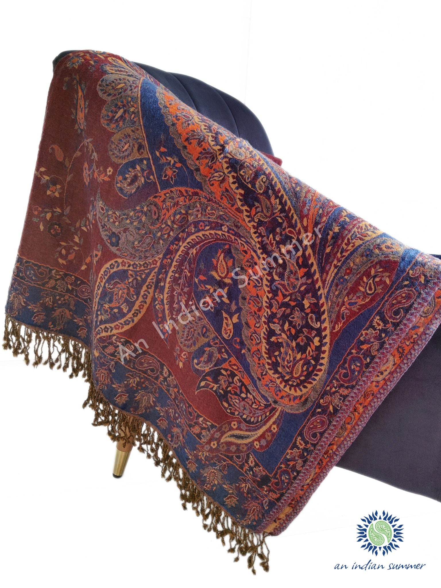 An Indian Summer Reversible Heritage Jamevar Throw Merino Wool Blue