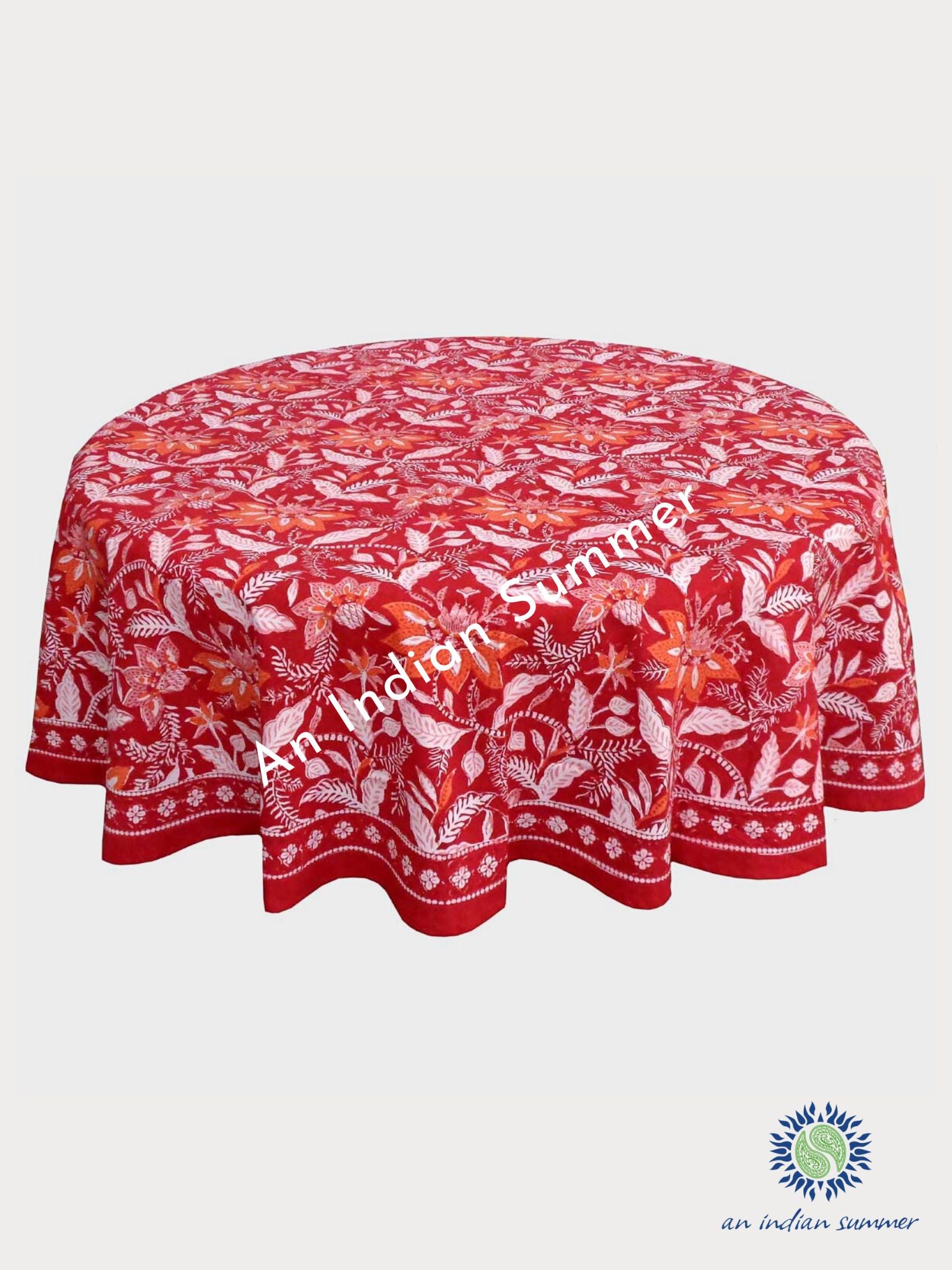 Clematis Red Round Tablecloth | Hand Block Printed | Cotton | An Indian Summer | Seasonless Timeless Sustainable Ethical Authentic Artisan Conscious Clothing Lifestyle Brand