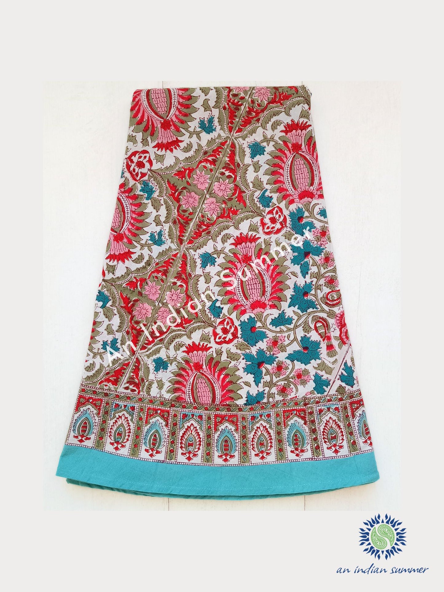 Maple Round Tablecloth | White Aqua Red Pink | Hand Block Printed | Cotton | An Indian Summer | Seasonless Timeless Sustainable Ethical Authentic Artisan Conscious Clothing Lifestyle Brand