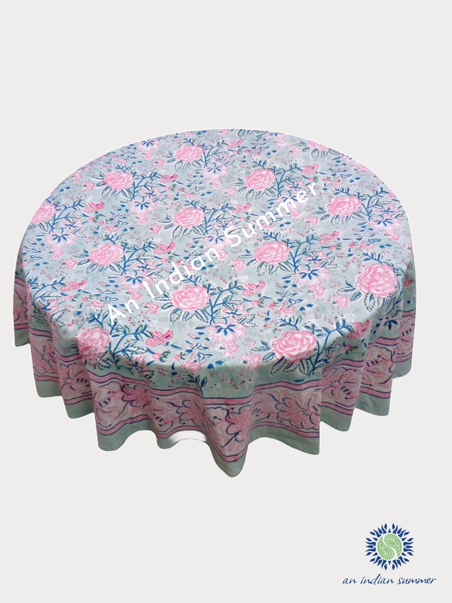 Round Tablecloth - Roses Aqua & Pink - Available in 2 Sizes