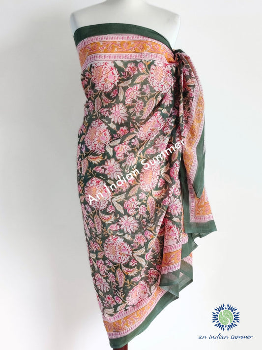 Chrysanthemum Sarong Pareo | Moss Green Tile Print | Hand Block Printed | Soft Cotton Voile | An Indian Summer | Seasonless Timeless Sustainable Ethical Authentic Artisan Conscious Clothing Lifestyle Brand