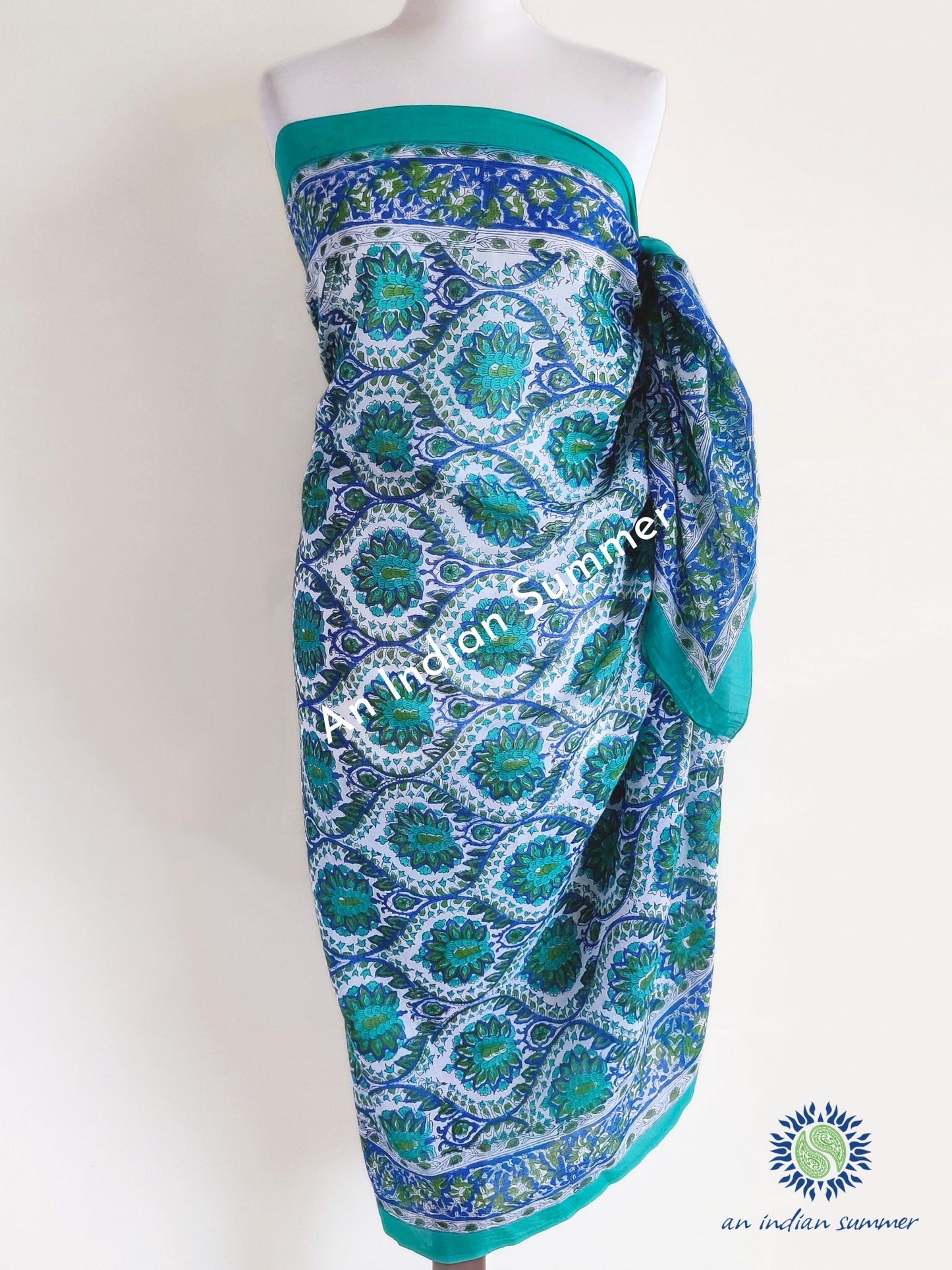Lavanya Sarong Pareo | Sea Green & Blue Tile Print | Hand Block Printed | Soft Cotton Voile | An Indian Summer | Resortwear Swimwear Beachwear | Seasonless Timeless Sustainable Ethical Authentic Artisan Conscious Clothing Lifestyle Brand