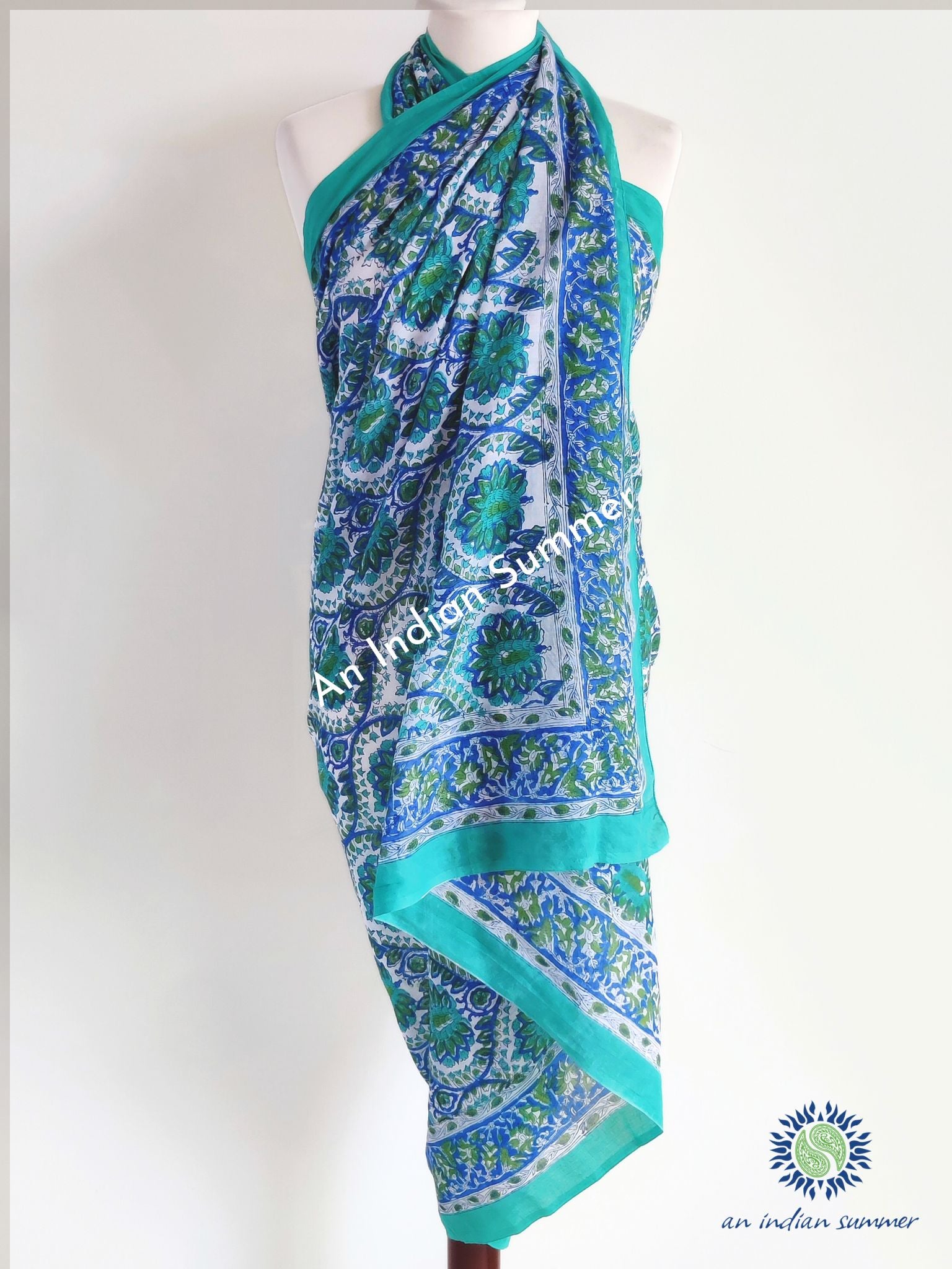 Lavanya Sarong Pareo | Sea Green & Blue Tile Print | Hand Block Printed | Soft Cotton Voile | An Indian Summer | Resortwear Swimwear Beachwear | Seasonless Timeless Sustainable Ethical Authentic Artisan Conscious Clothing Lifestyle Brand