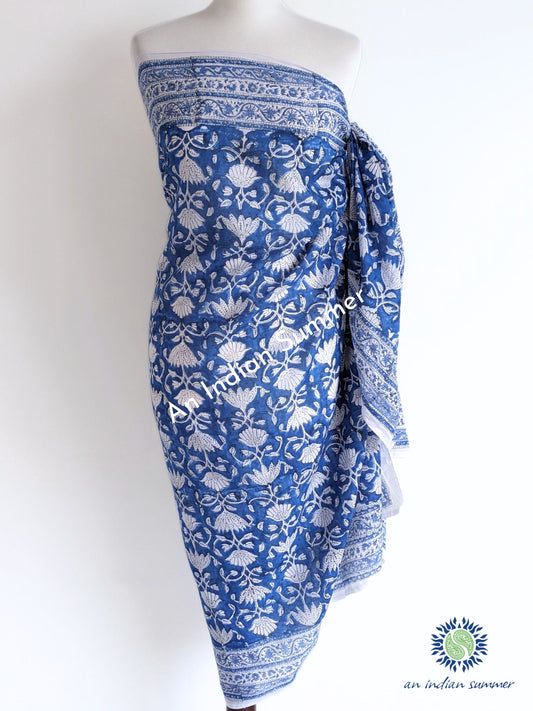 Lotus Sarong Pareo | Blue | Hand Block Printed | Soft Cotton Voile | An Indian Summer | Seasonless Timeless Sustainable Ethical Authentic Artisan Conscious Clothing Lifestyle Brand