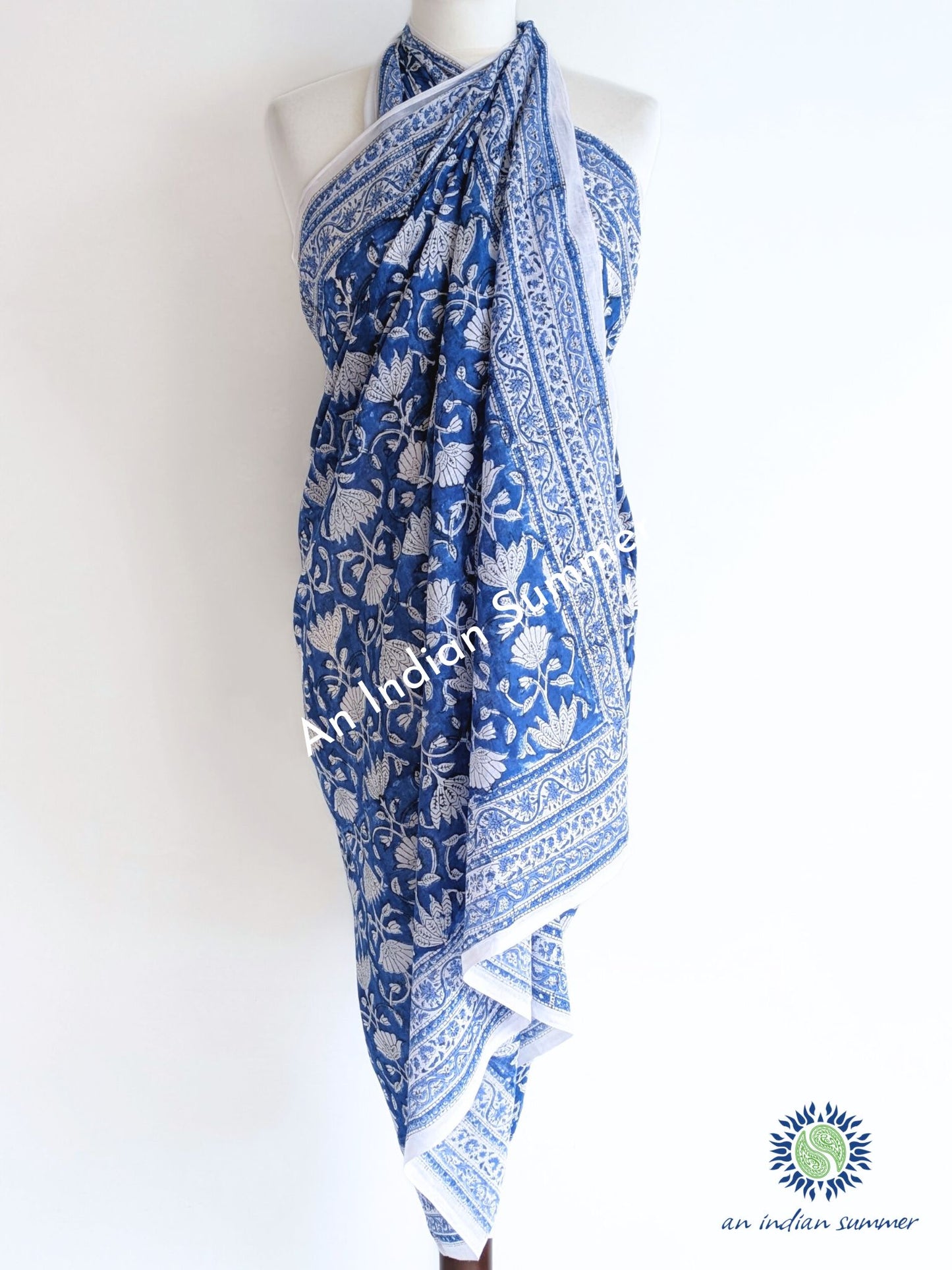 Lotus Sarong Pareo | Blue | Hand Block Printed | Soft Cotton Voile | An Indian Summer | Seasonless Timeless Sustainable Ethical Authentic Artisan Conscious Clothing Lifestyle Brand