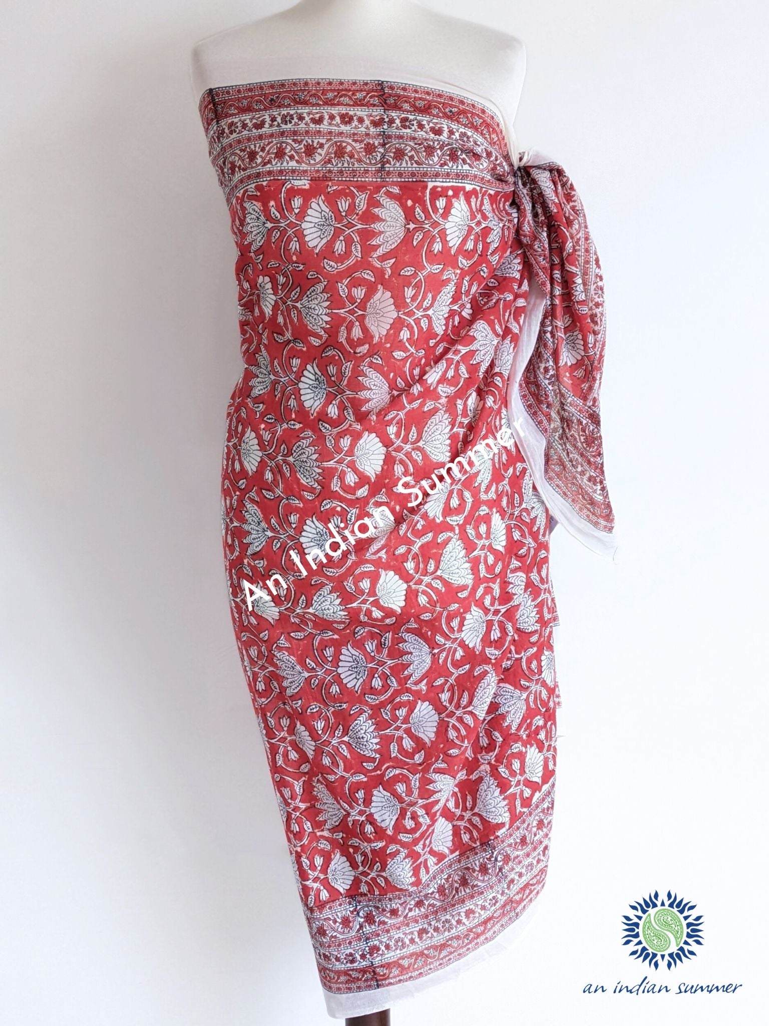 Lotus Sarong Pareo | Red Sarong | Hand Block Printed | Soft Cotton Voile | An Indian Summer | Resortwear Swimwear Beachwear | Seasonless Timeless Sustainable Ethical Authentic Artisan Conscious Clothing Lifestyle Brand