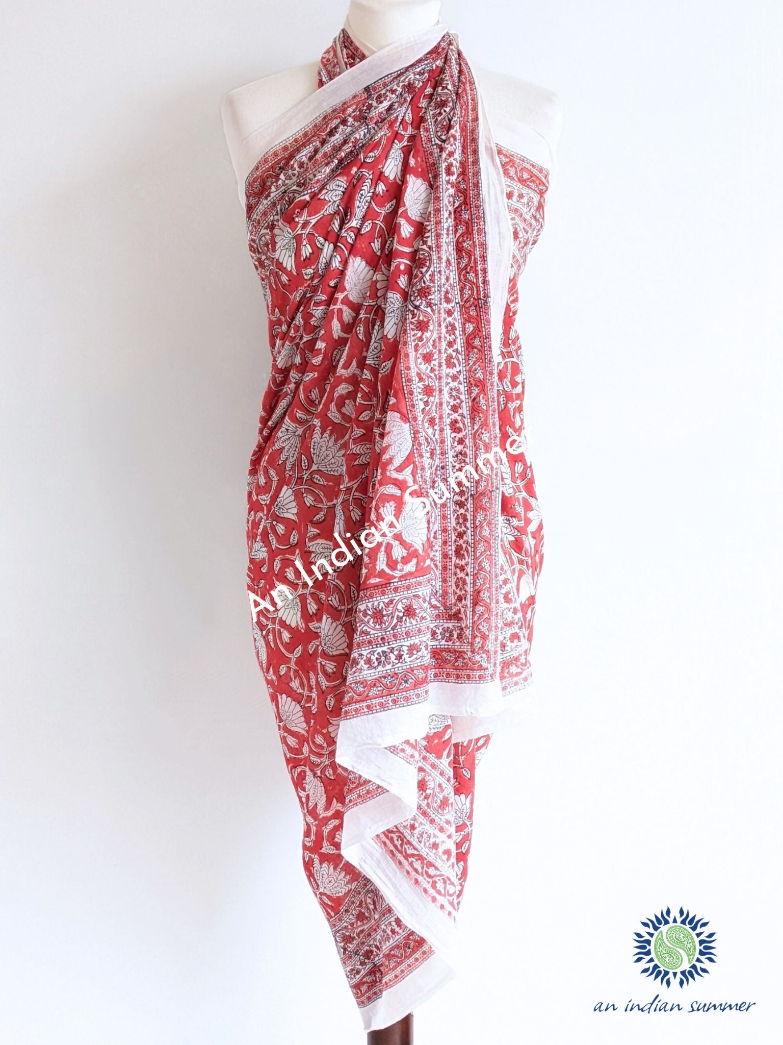 Lotus Sarong Pareo | Red | Hand Block Printed | Soft Cotton Voile | An Indian Summer | Seasonless Timeless Sustainable Ethical Authentic Artisan Conscious Clothing Lifestyle Brand