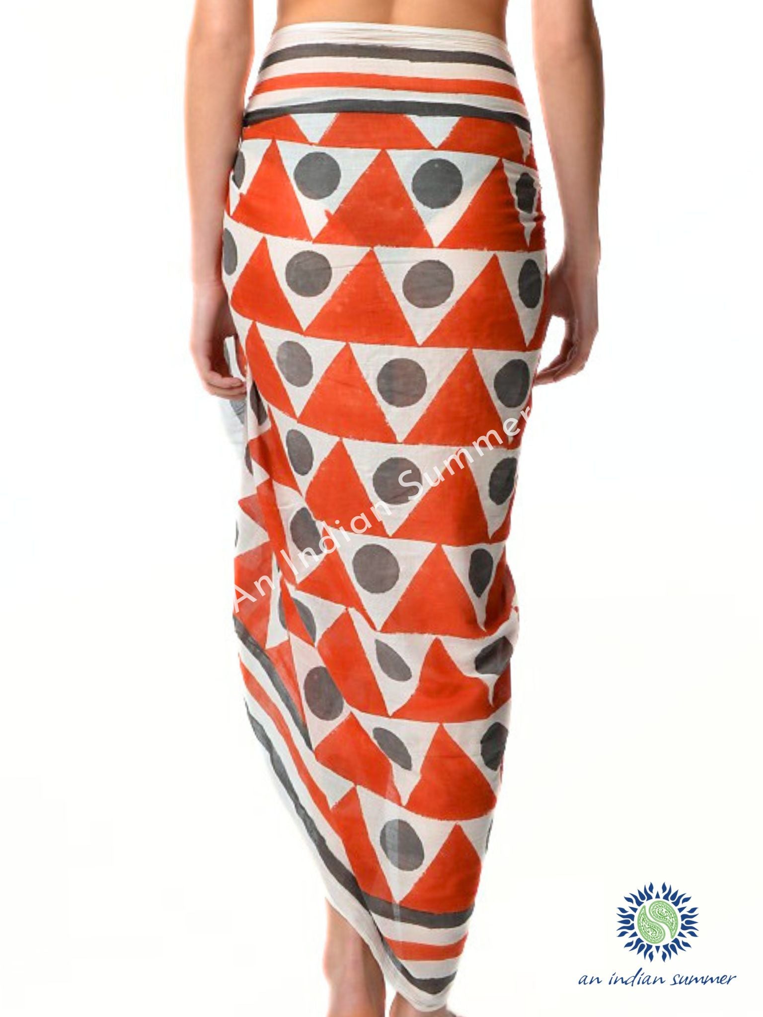 Virtue is Bold Sarong Pareo | Orange & Grey Geometric Print | Hand Block Printed | Soft Cotton Voile | An Indian Summer | Resortwear Swimwear Beachwear | Seasonless Timeless Sustainable Ethical Authentic Artisan Conscious Clothing Lifestyle Brand