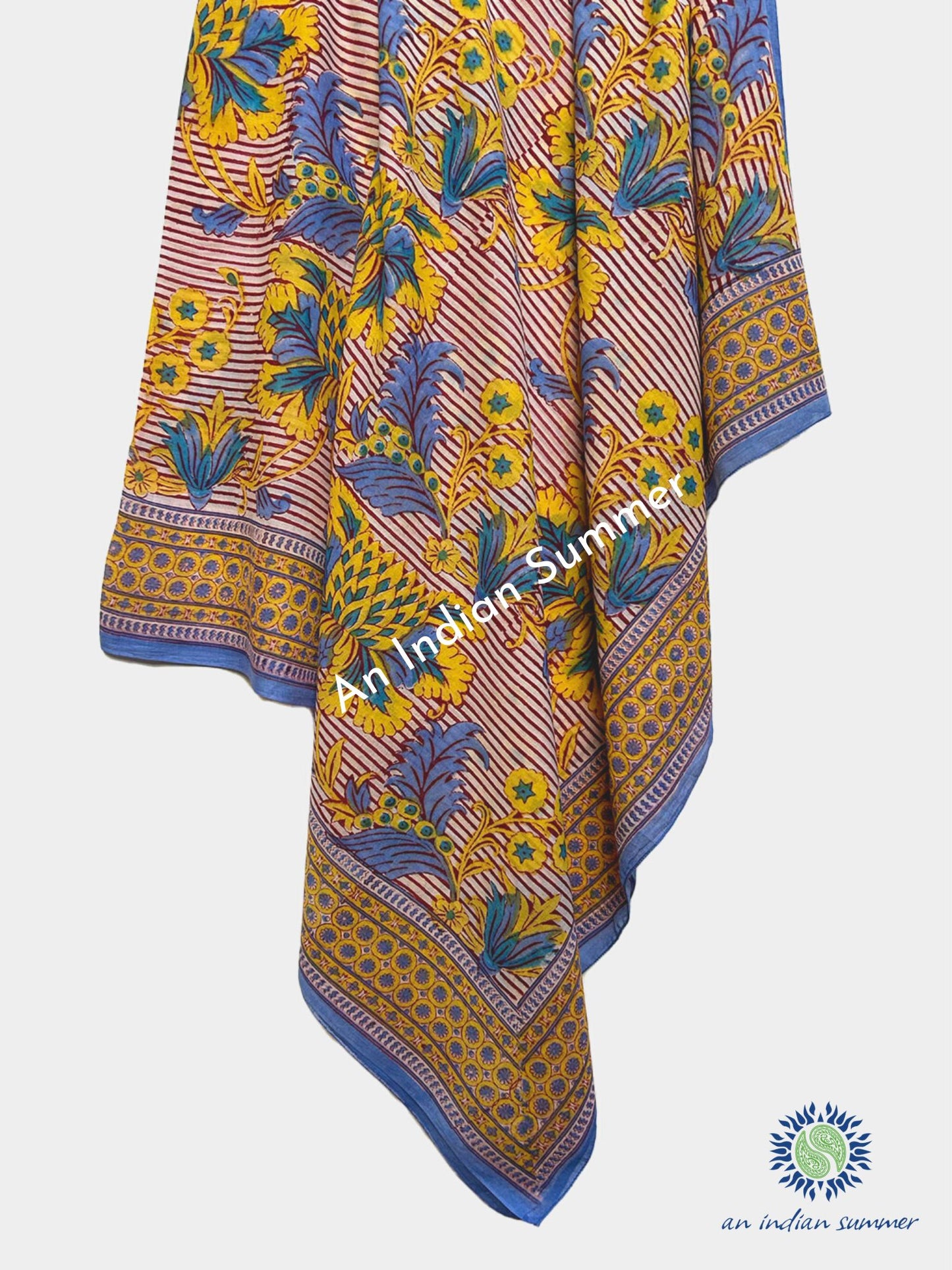 Seville Sarong Pareo | Red & Yellow Floral & Stripe Print | Hand Block Printed | Soft Cotton Voile | An Indian Summer | Resortwear Swimwear Beachwear | Seasonless Timeless Sustainable Ethical Authentic Artisan Conscious Clothing Lifestyle Brand