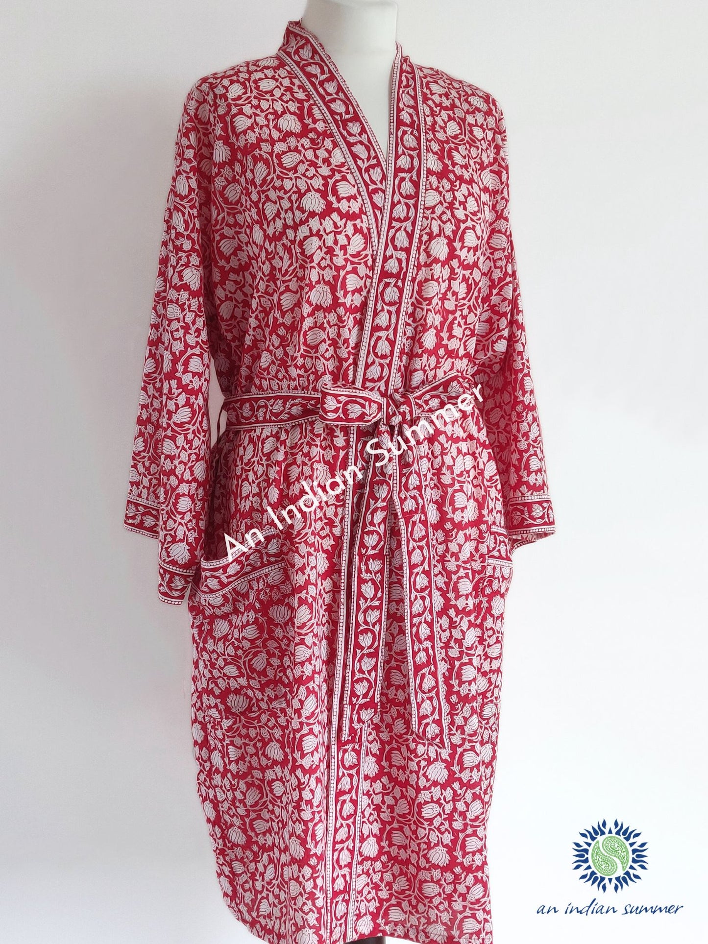 Kimono Robe | Red | Lotus Block Print | Hand Block Printed | Cotton Voile | An Indian Summer | Seasonless Timeless Sustainable Ethical Authentic Artisan Conscious Clothing Lifestyle Brand