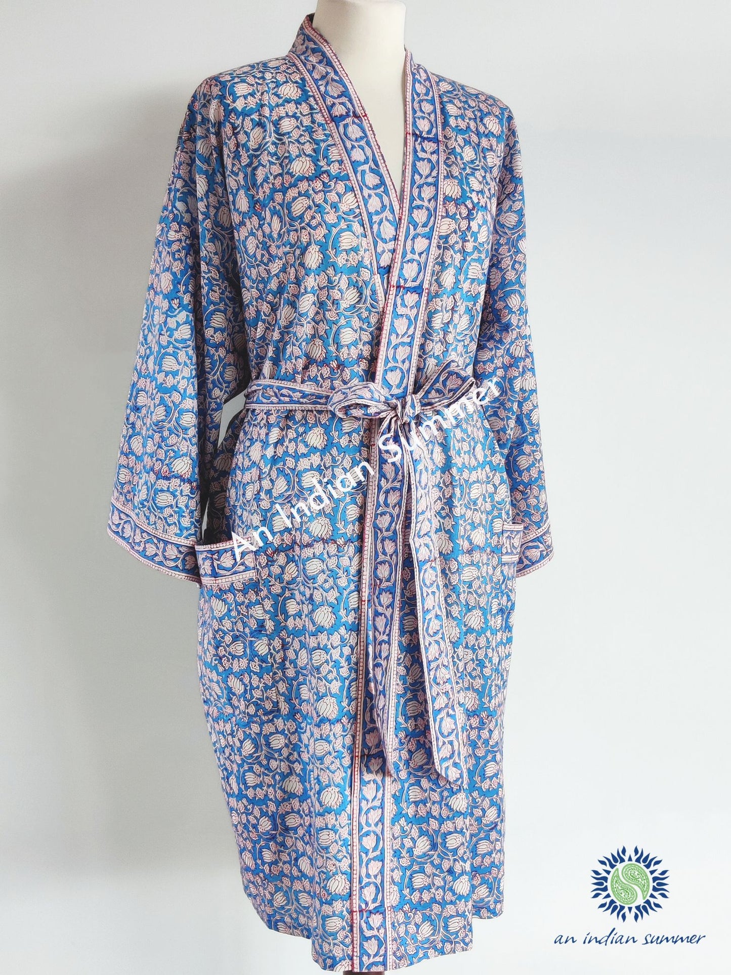 Lounge Set Nalini Teal | Short Kimono Robe & Lounge Pants | Hand Block Printed | Cotton | An Indian Summer | Seasonless Timeless Sustainable Ethical Authentic Artisan Conscious Clothing Lifestyle Brand