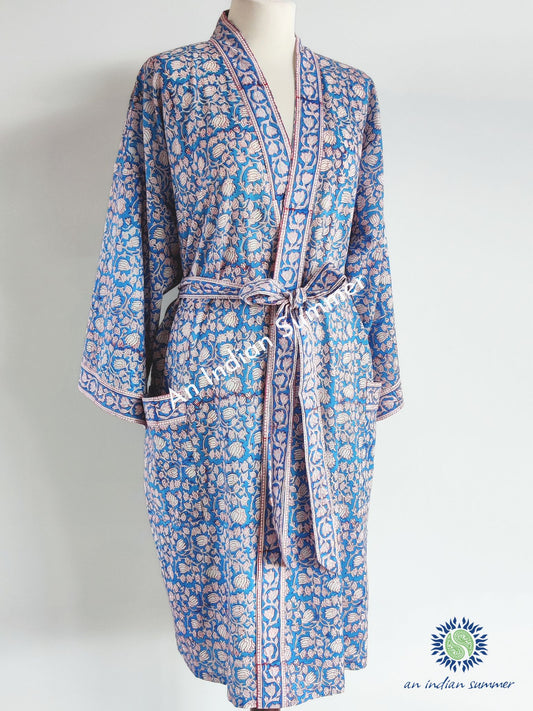 Kimono Robe - Lotus Block Print - Nalini - Teal