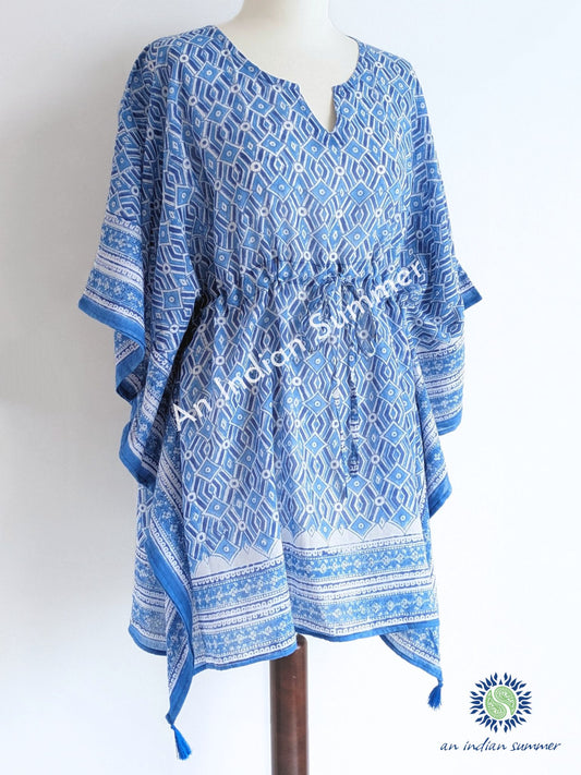 Short Poncho Kaftan Mosaic Blue | Blue White | Hand Block Printed | Cotton Voile | An Indian Summer | Seasonless Timeless Sustainable Ethical Authentic Artisan Conscious Clothing Lifestyle Brand