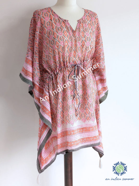 Short Poncho Kaftan Mosaic Coral | Coral Pink Grey | Hand Block Printed | Cotton Voile | An Indian Summer | Seasonless Timeless Sustainable Ethical Authentic Artisan Conscious Clothing Lifestyle Brand