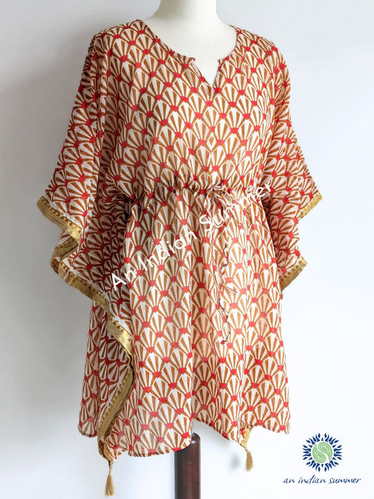 Short Poncho Kaftan Woven Border Natural Dyed Petals | Caramel Brown Red Gold | Hand Block Printed | Cotton Voile | An Indian Summer | Seasonless Timeless Sustainable Ethical Authentic Artisan Conscious Clothing Lifestyle Brand