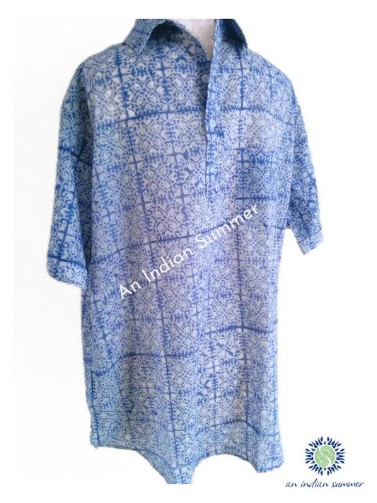 Chemise à Manches Courtes et Blocs de Carreaux Imprimés - Bleu et Blanc
