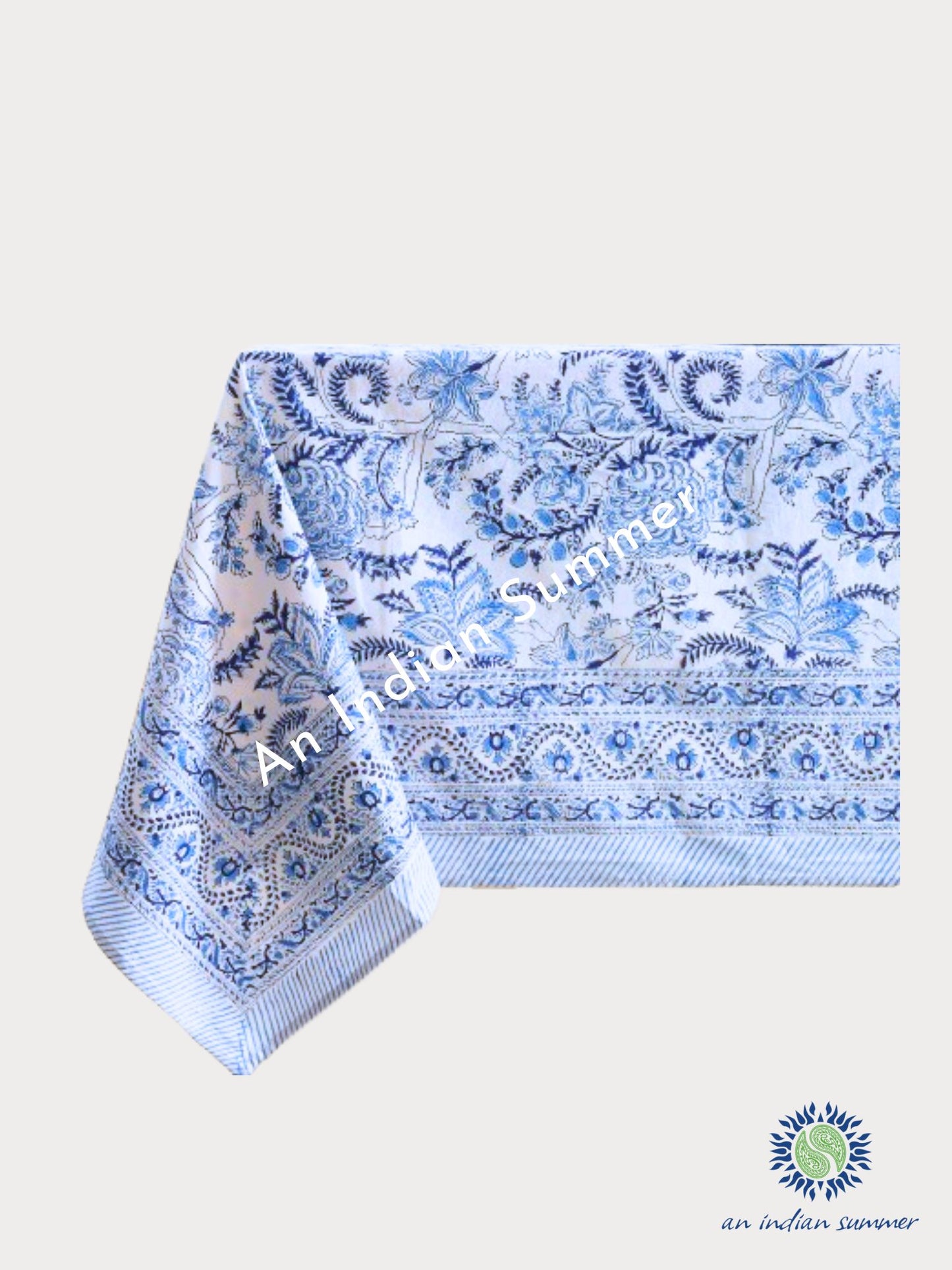 White & Blue | Cottage Garden | Tablecloth | Hand Block Printed | Cotton | An Indian Summer | Seasonless Timeless Sustainable Ethical Authentic Artisan Conscious Clothing Lifestyle Brand