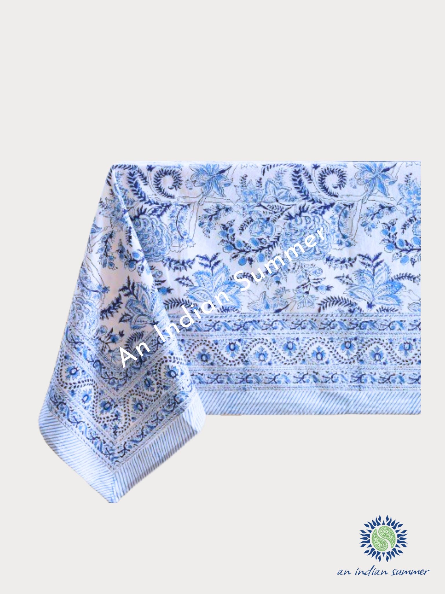 White & Blue | Cottage Garden | Tablecloth | Hand Block Printed | Cotton | An Indian Summer | Seasonless Timeless Sustainable Ethical Authentic Artisan Conscious Clothing Lifestyle Brand