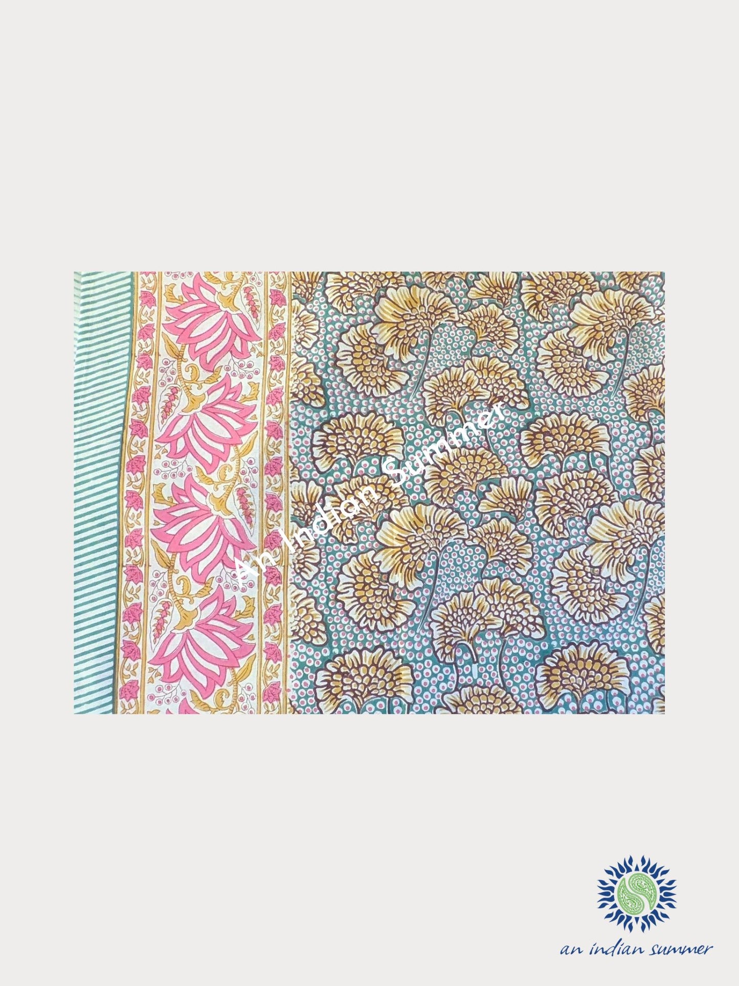 Cotton Block Print Tablecloth - Ginkgo Teal & Pink - 130cm x 180cm