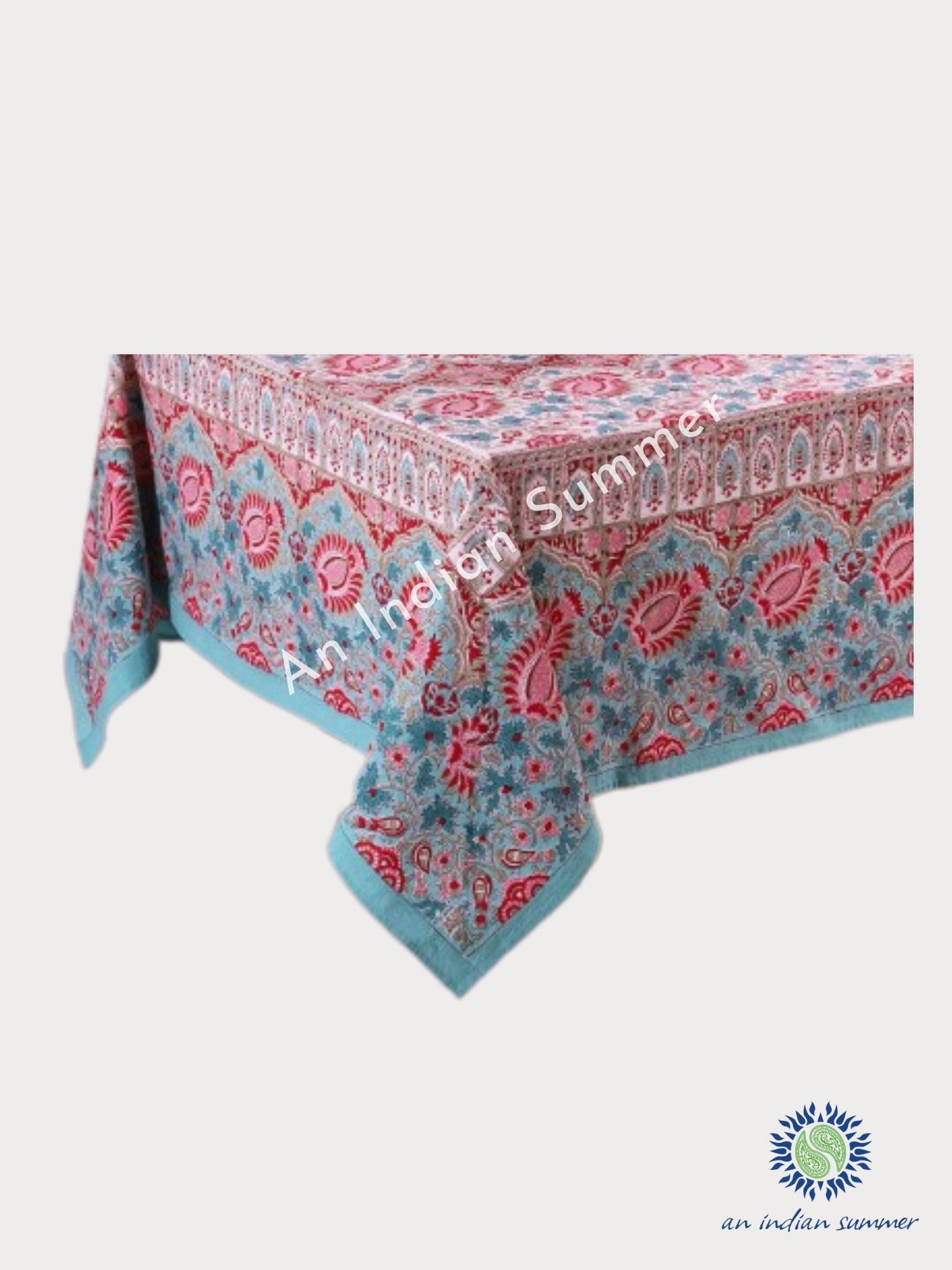 Maple Tablecloth | White Aqua Red Pink | Hand Block Printed | Cotton | An Indian Summer | Seasonless Timeless Sustainable Ethical Authentic Artisan Conscious Clothing Lifestyle Brand