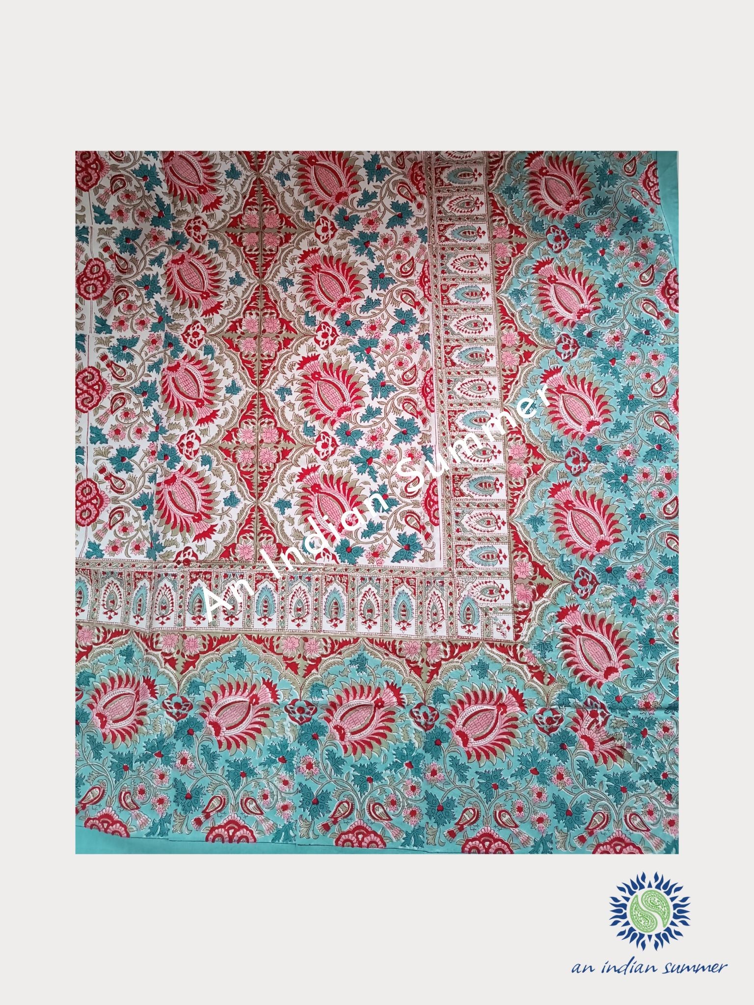 Maple Tablecloth | White Aqua Red Pink | Hand Block Printed | Cotton | An Indian Summer | Seasonless Timeless Sustainable Ethical Authentic Artisan Conscious Clothing Lifestyle Brand