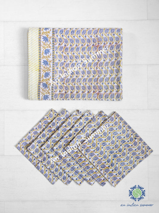 Tablecloth & Matching Napkins Set - Trailing Tulips - Blue & Lime