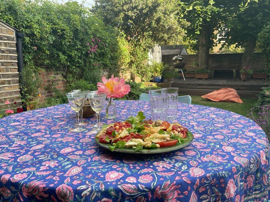 Vanah Round Tablecloth | Blue Pink Teal | Hand Block Printed | Cotton | An Indian Summer | Seasonless Timeless Sustainable Ethical Authentic Artisan Conscious Clothing Lifestyle Brand