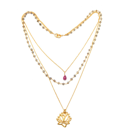 Ruby Labradorite Lotus Layered Necklace - An Indian Summer