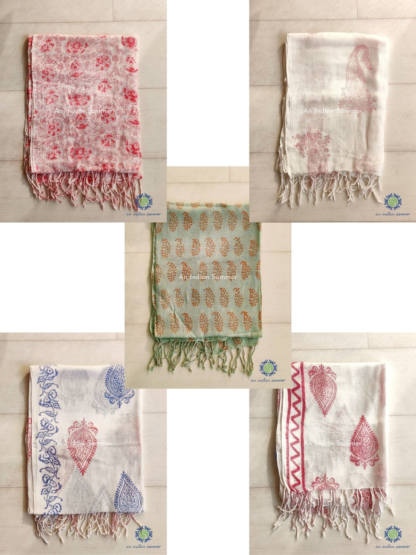 An Indian Summer All Designs Handloom Woven Hand Block Printed Cotton Gauze Scarves