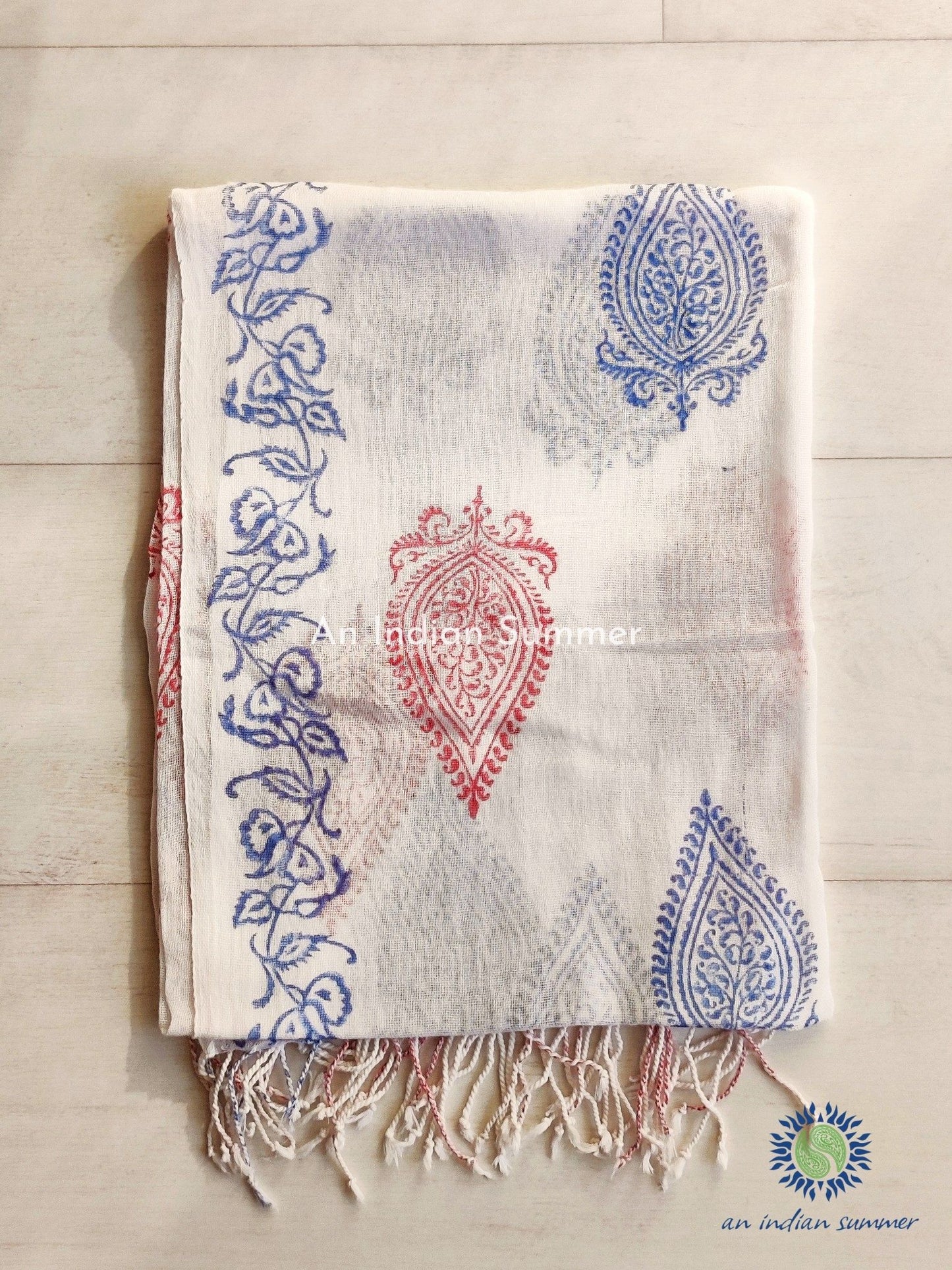 An Indian Summer Blue Red Leaf Handloom Woven Hand Block Printed Cotton Gauze Scarf