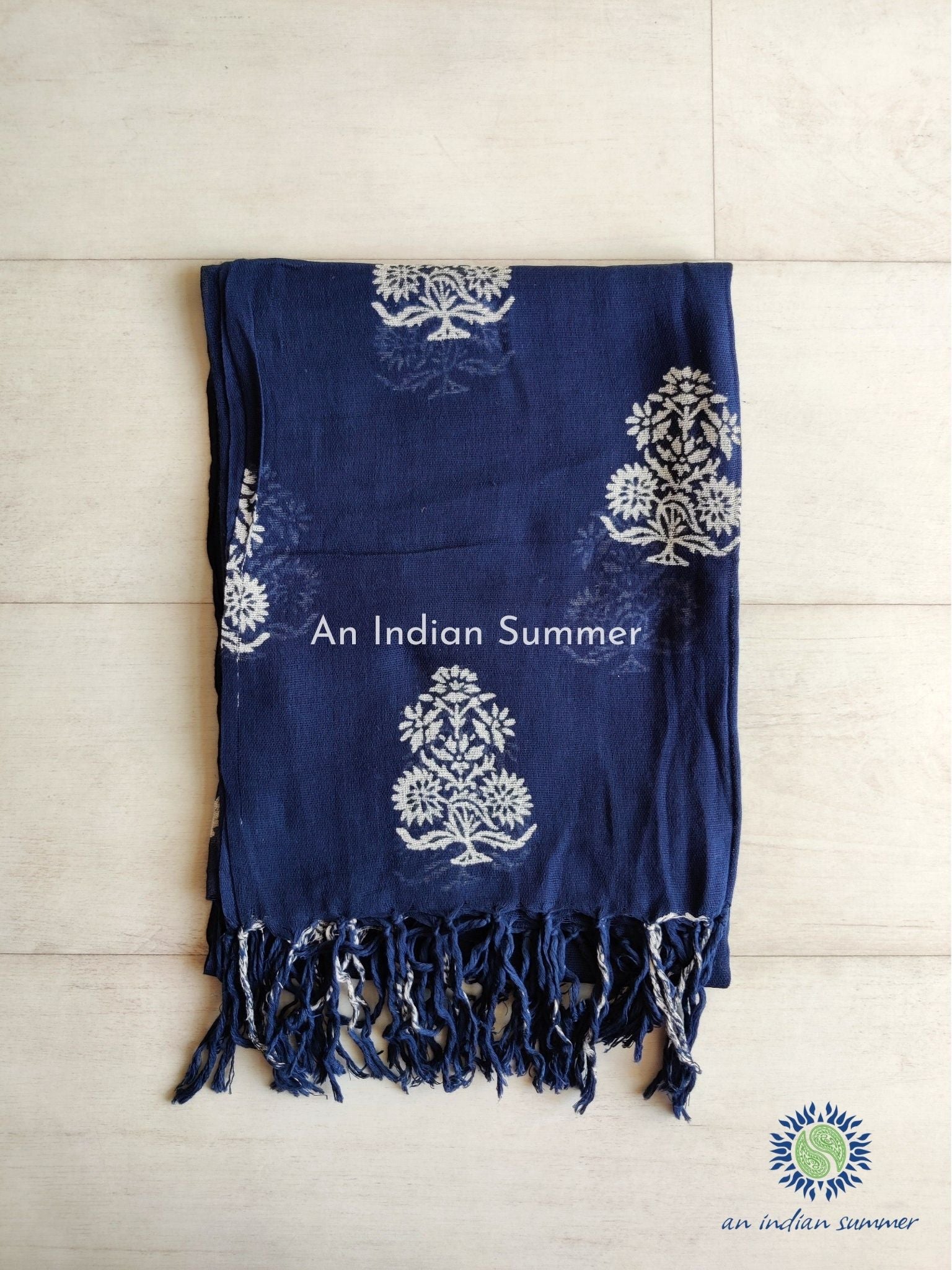 An Indian Summer Bouquet Indigo Dyed Handloom Woven Hand Block Printed Cotton Gauze Scarf