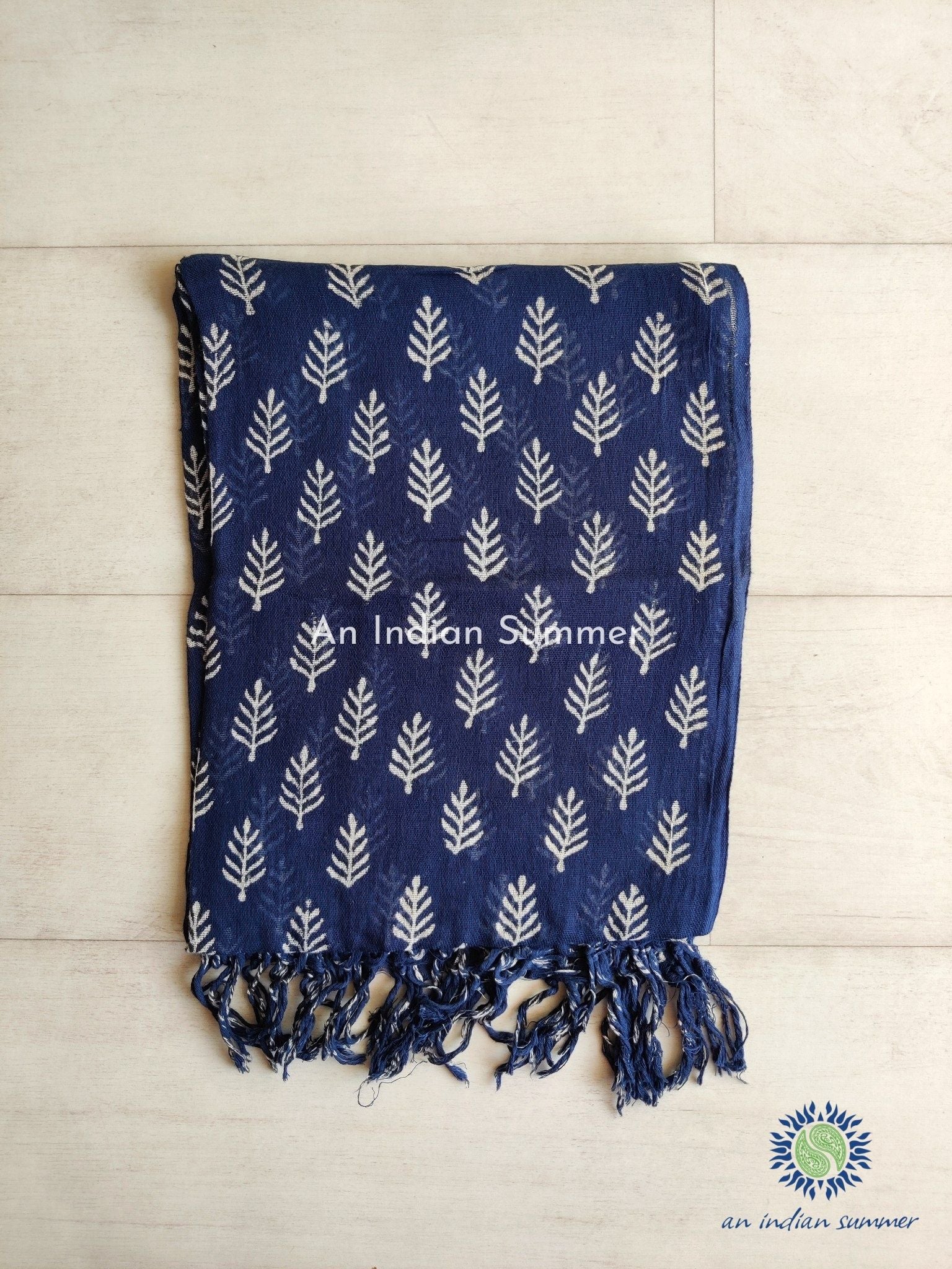 An Indian Summer Fern Indigo Dyed Handloom Woven Hand Block Printed Cotton Gauze Scarf