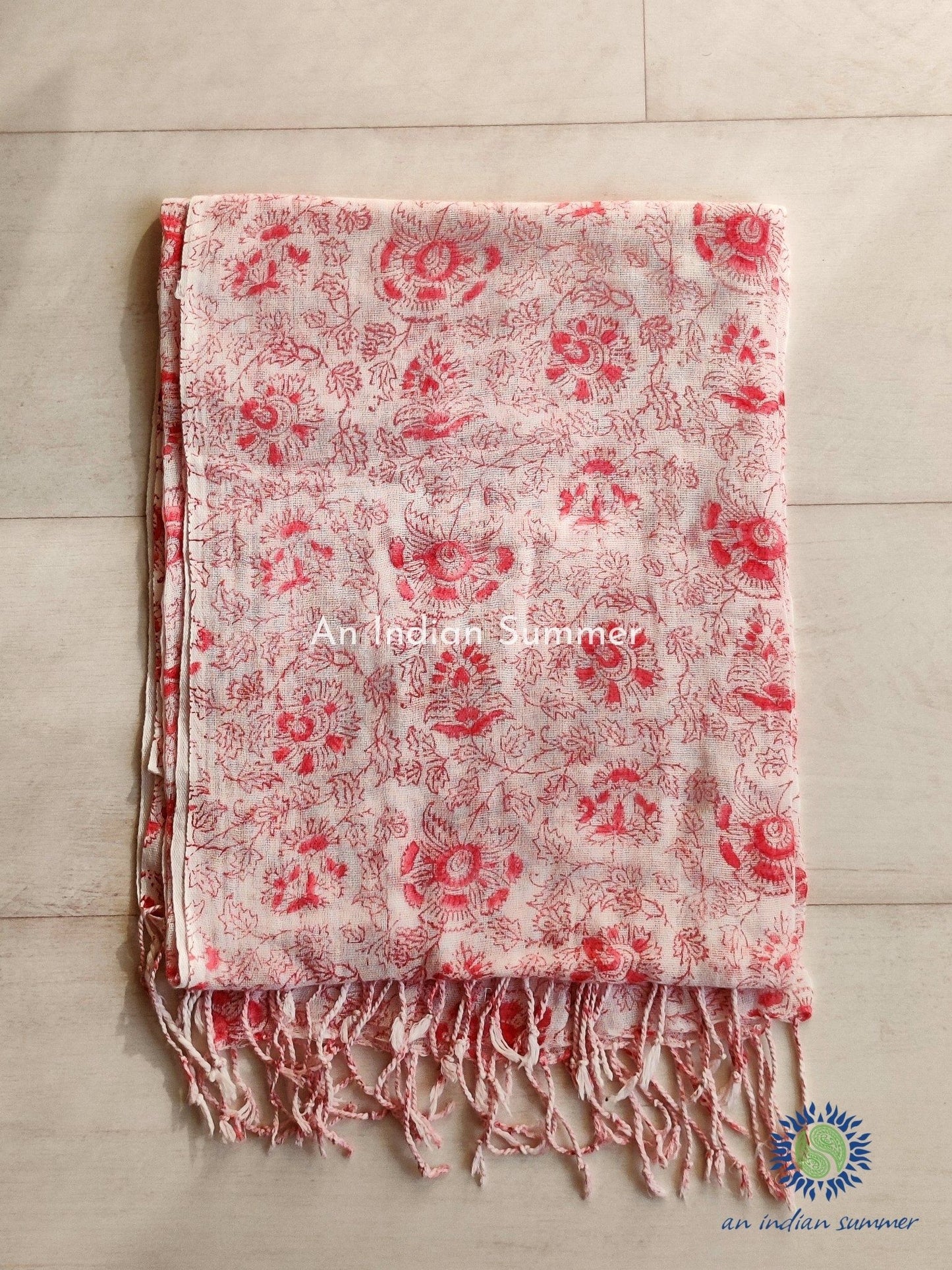 An Indian Summer Floral Handloom Woven Hand Block Printed Cotton Gauze Scarf