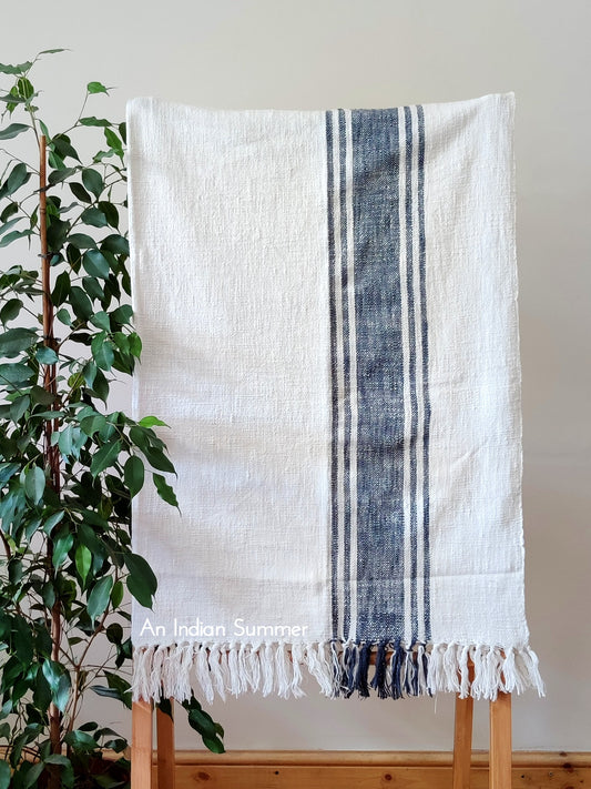 Blue Grey | French Stripe | Handwoven Khadi Cotton Throw | An Indian Summer | Seasonless Timeless Sustainable Ethical Authentic Artisan Conscious Clothing Lifestyle Brand