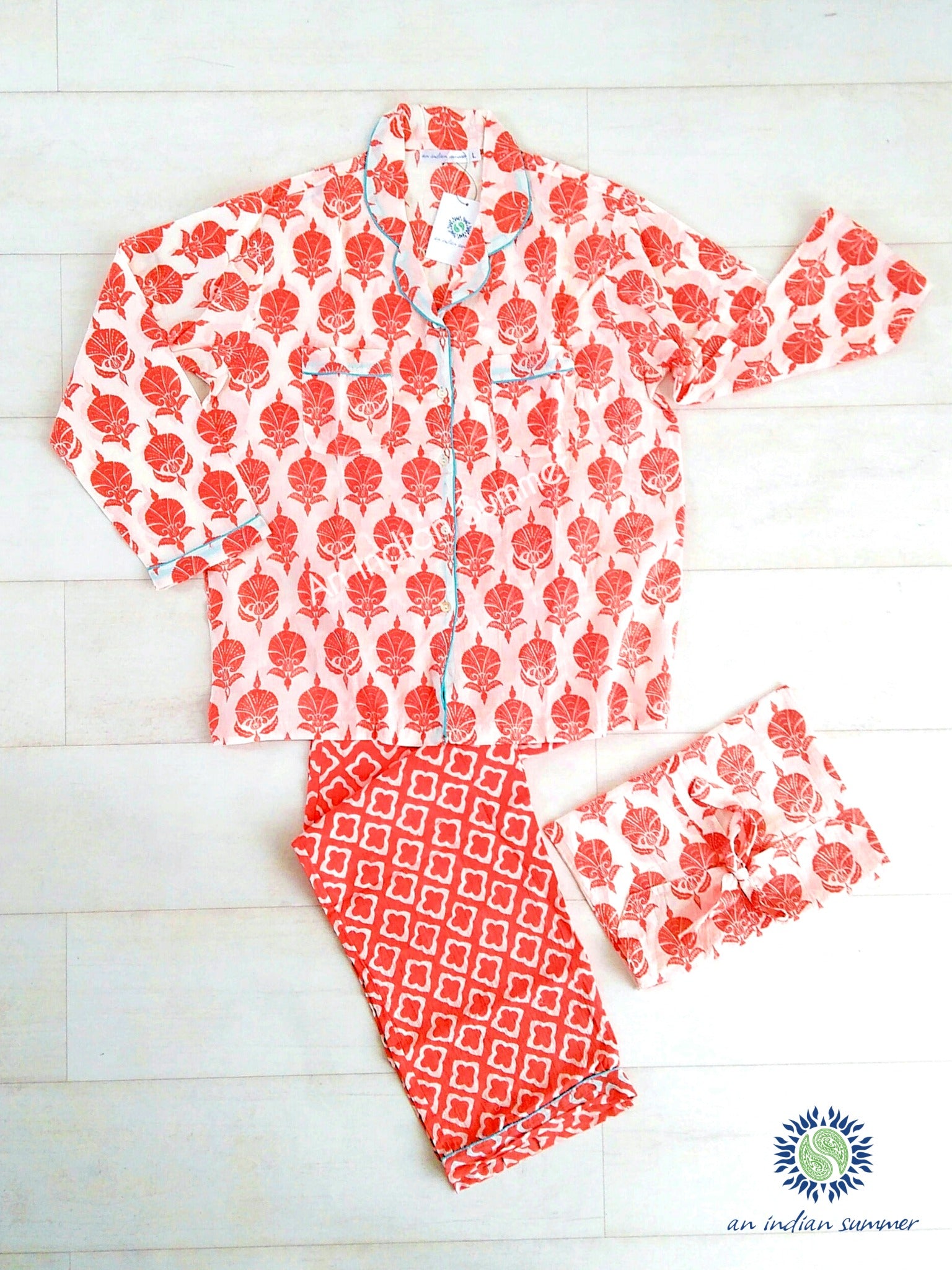 Long Pyjama Set Mixed Patterns | Coral with Turquoise Contrast Details | Hand Block Printed Cotton Voile | An Indian Summer | Authentic Seasonless Timeless Sustainable Ethical Artisan Conscious Responsible Clothing