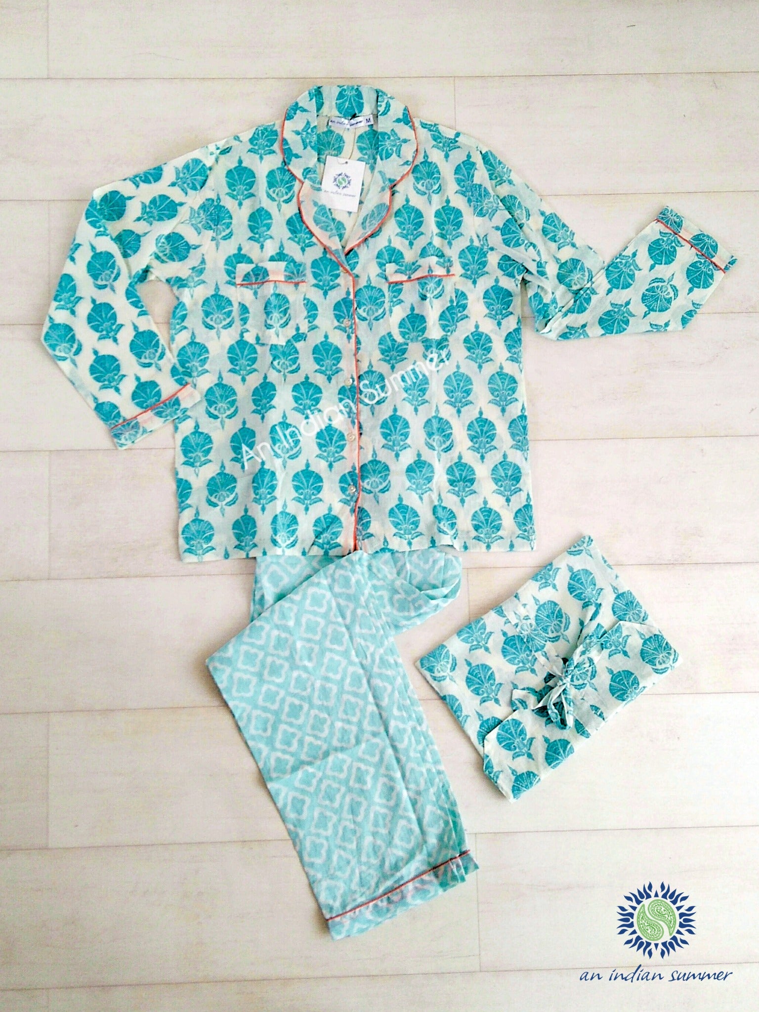Long Pyjama Set Mixed Patterns | Turquoise with Coral Contrast Details | Hand Block Printed Cotton Voile | An Indian Summer | Authentic Seasonless Timeless Sustainable Ethical Artisan Conscious Responsible Clothing