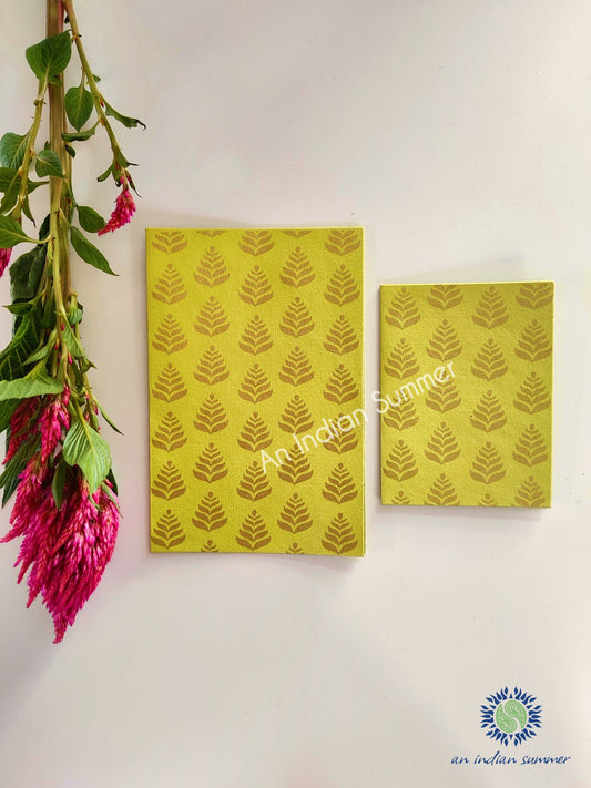 Chartreuse Lime - Set of 5 Gold Fern Motif Hand Block Printed Cards - An Indian Summer