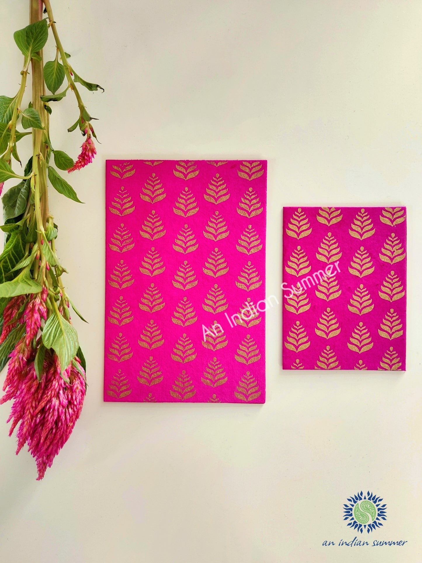 Rani Pink - Set of 5 Gold Fern Motif Hand Block Printed Cards - An Indian Summer