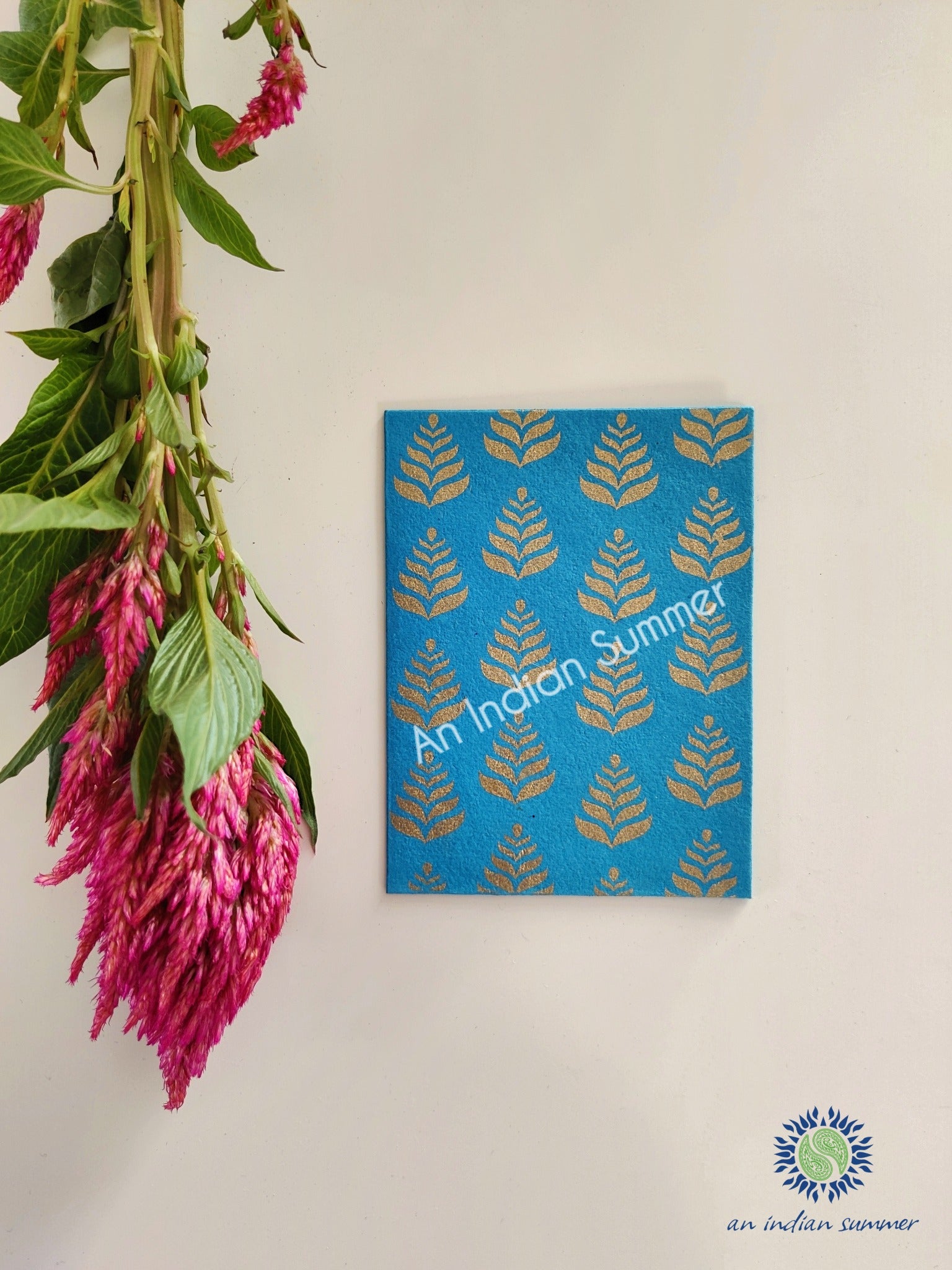 Firoza Turquoise - Set of 5 Gold Fern Motif Hand Block Printed Cards - An Indian Summer